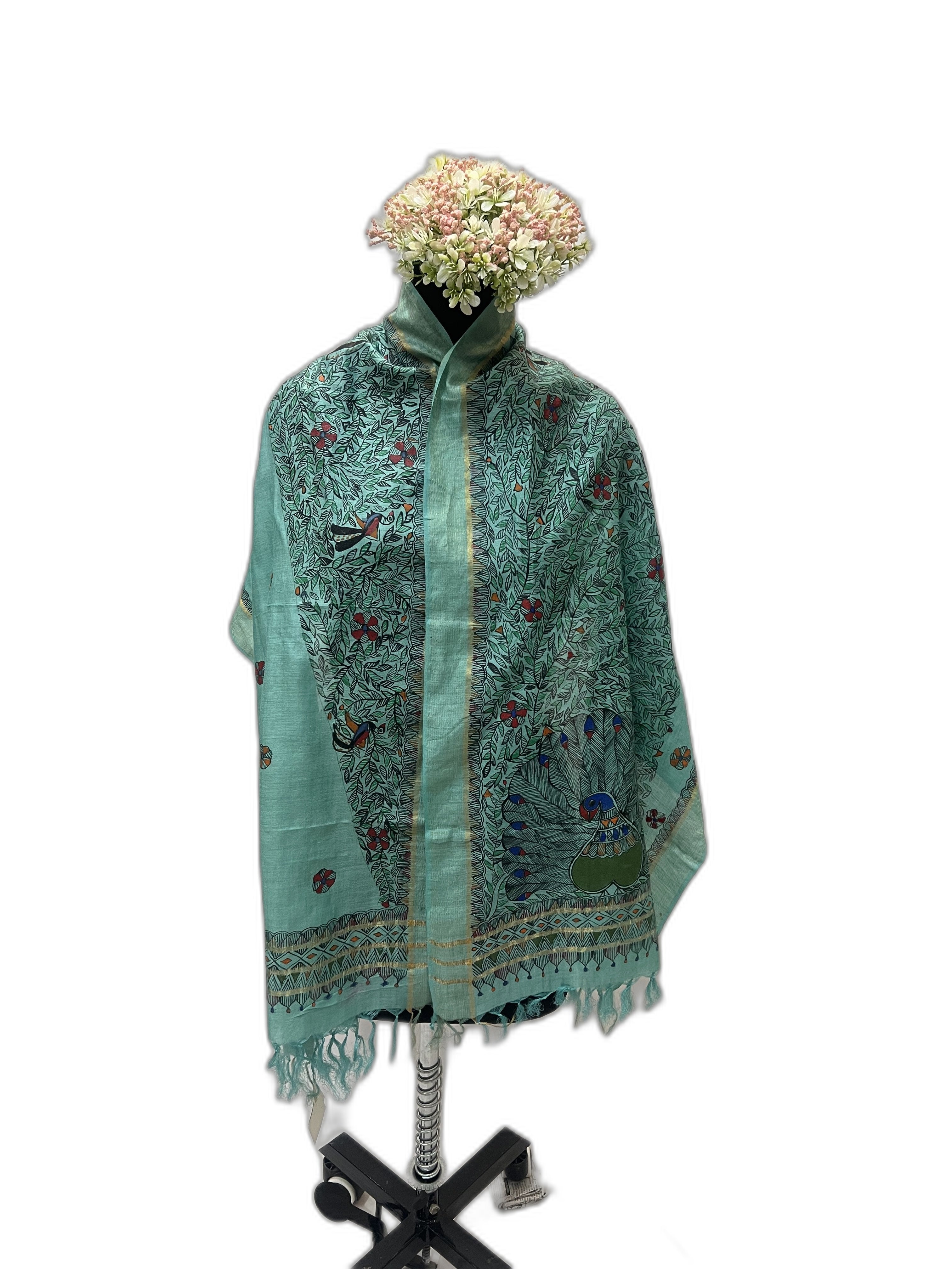 Handpainted Madhubani Tussar Munga Silk Stole in Green with Zari Border