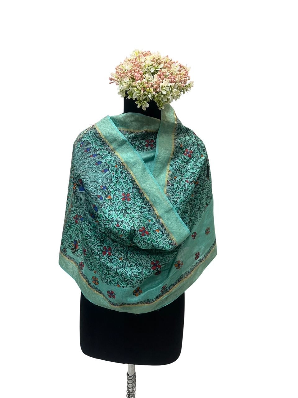 Handpainted Madhubani Tussar Munga Silk Stole in Green with Zari Border