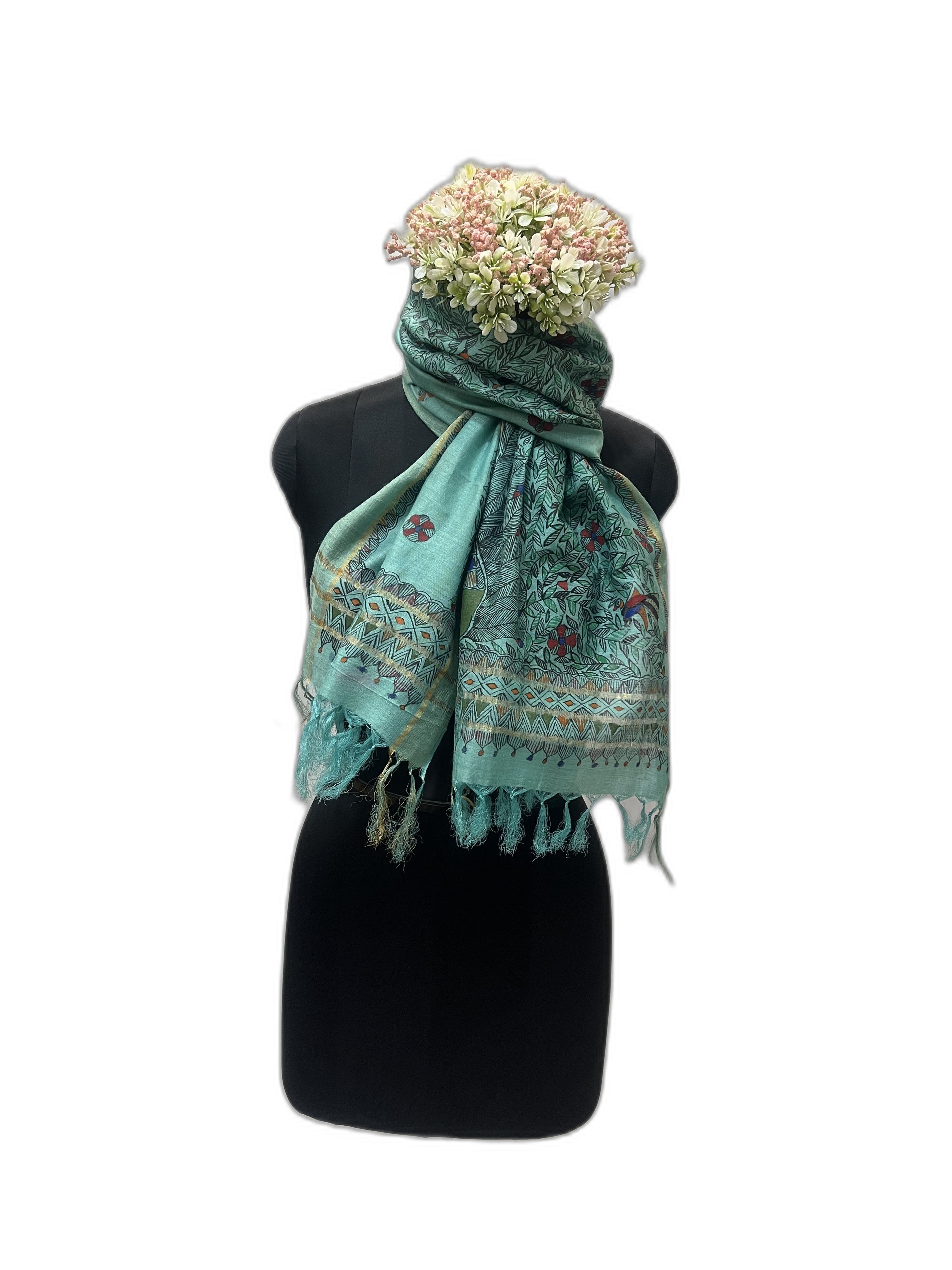 Handpainted Madhubani Tussar Munga Silk Stole in Green with Zari Border