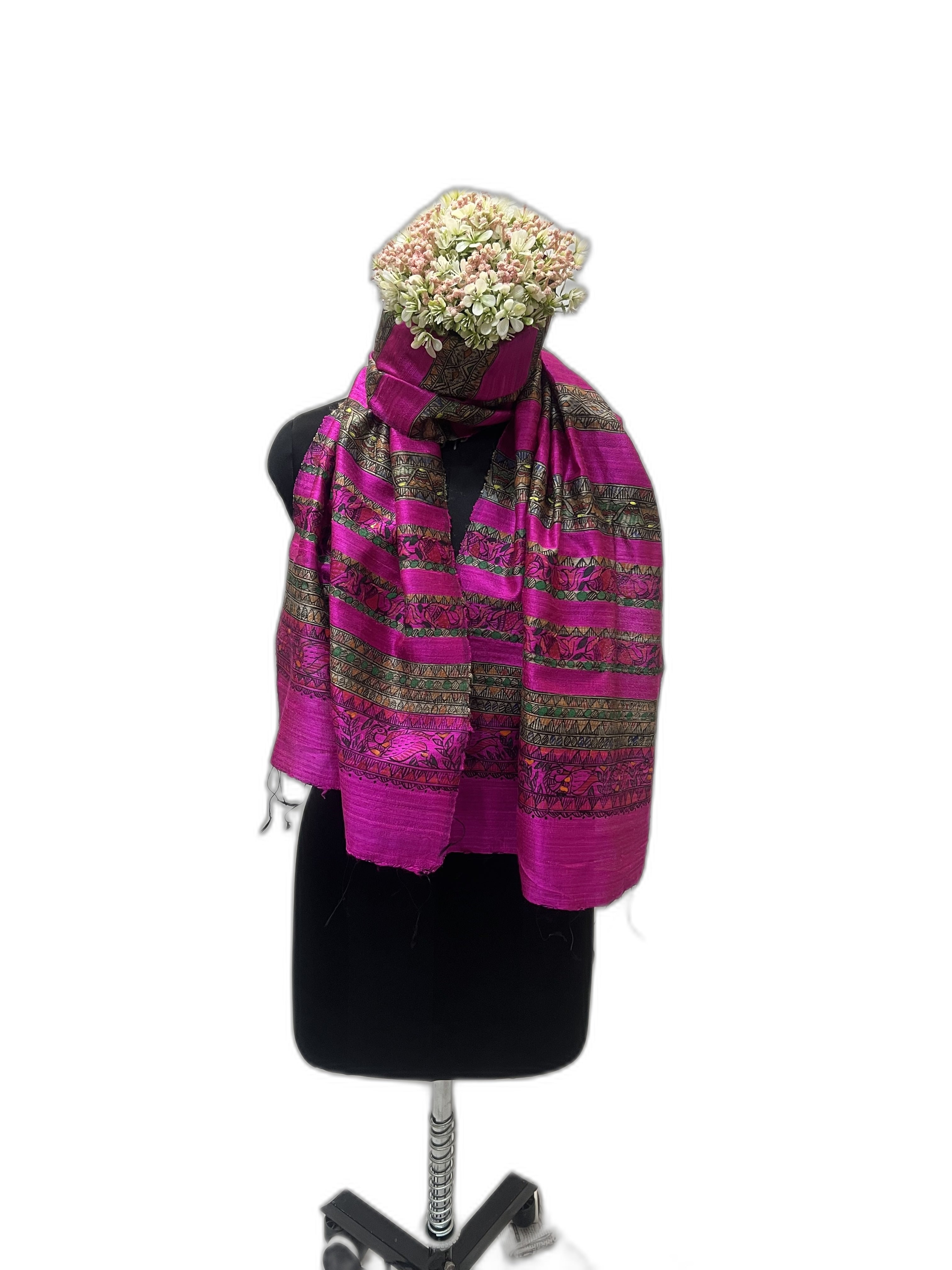 Madhubani Dupion Silk Stole in Hot Pink with Ghicha Stripes