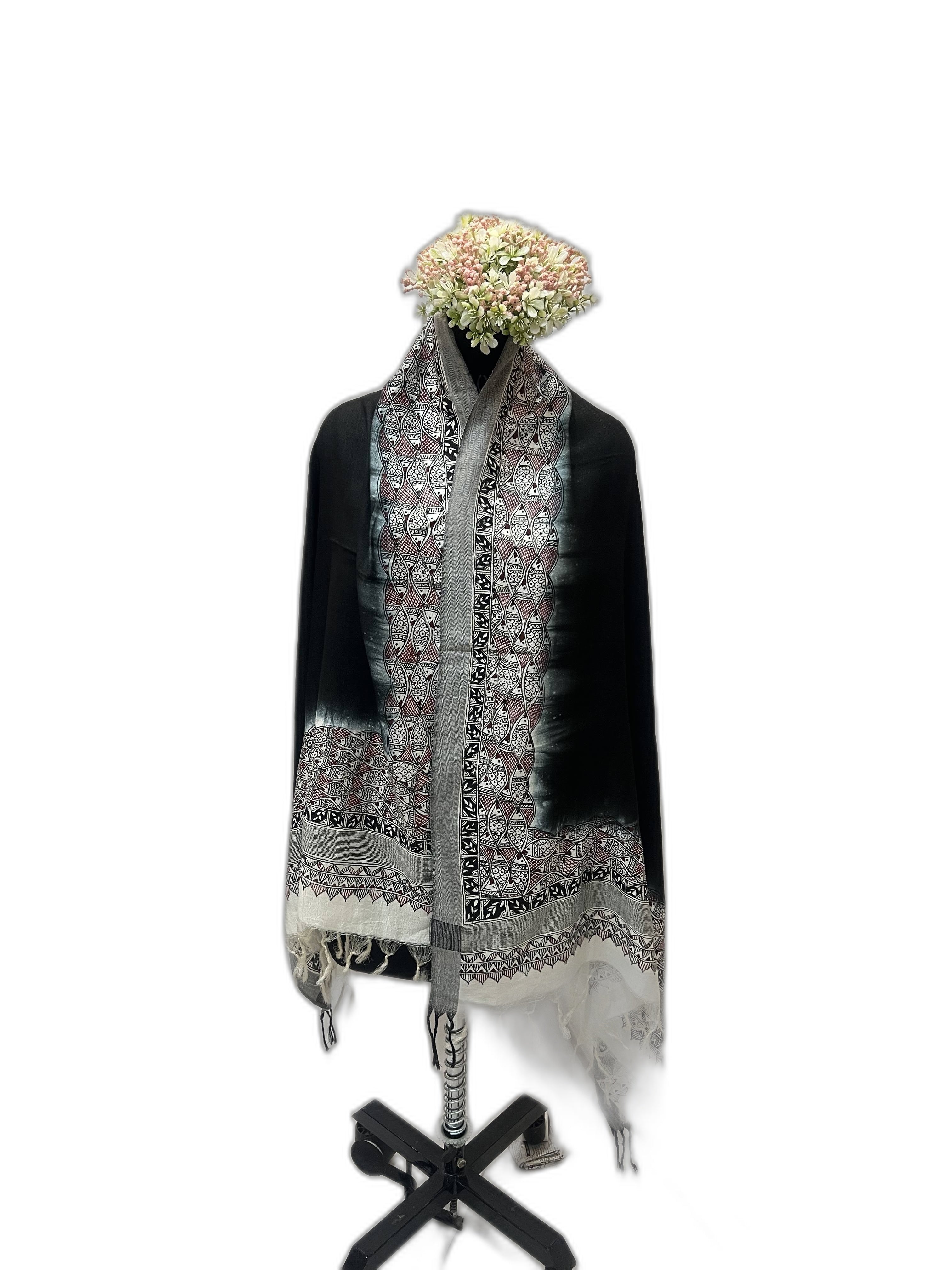 Handpainted Madhubani in Black and White Tussar Cotton Stole with Fish Motifs
