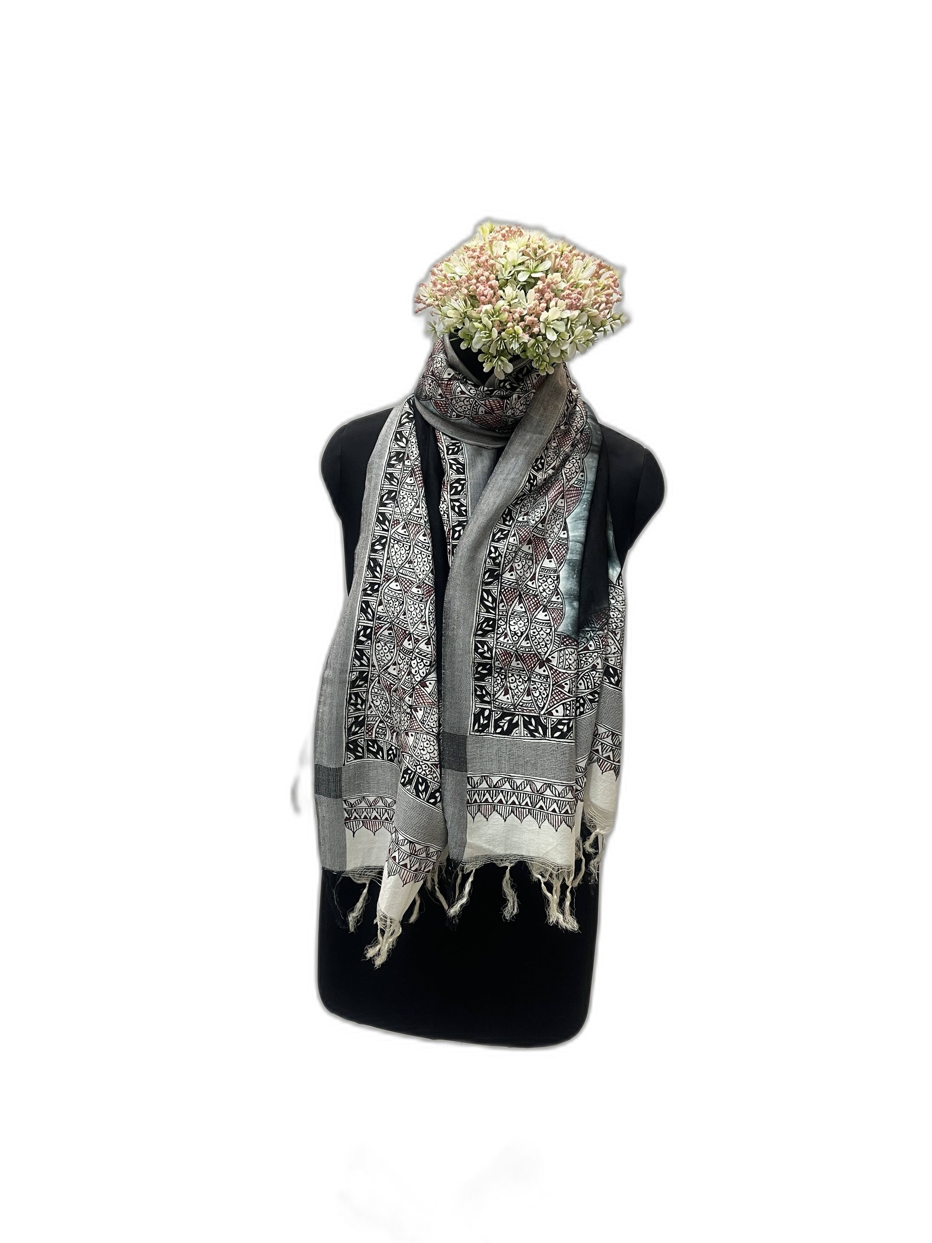 Handpainted Madhubani in Black and White Tussar Cotton Stole with Fish Motifs