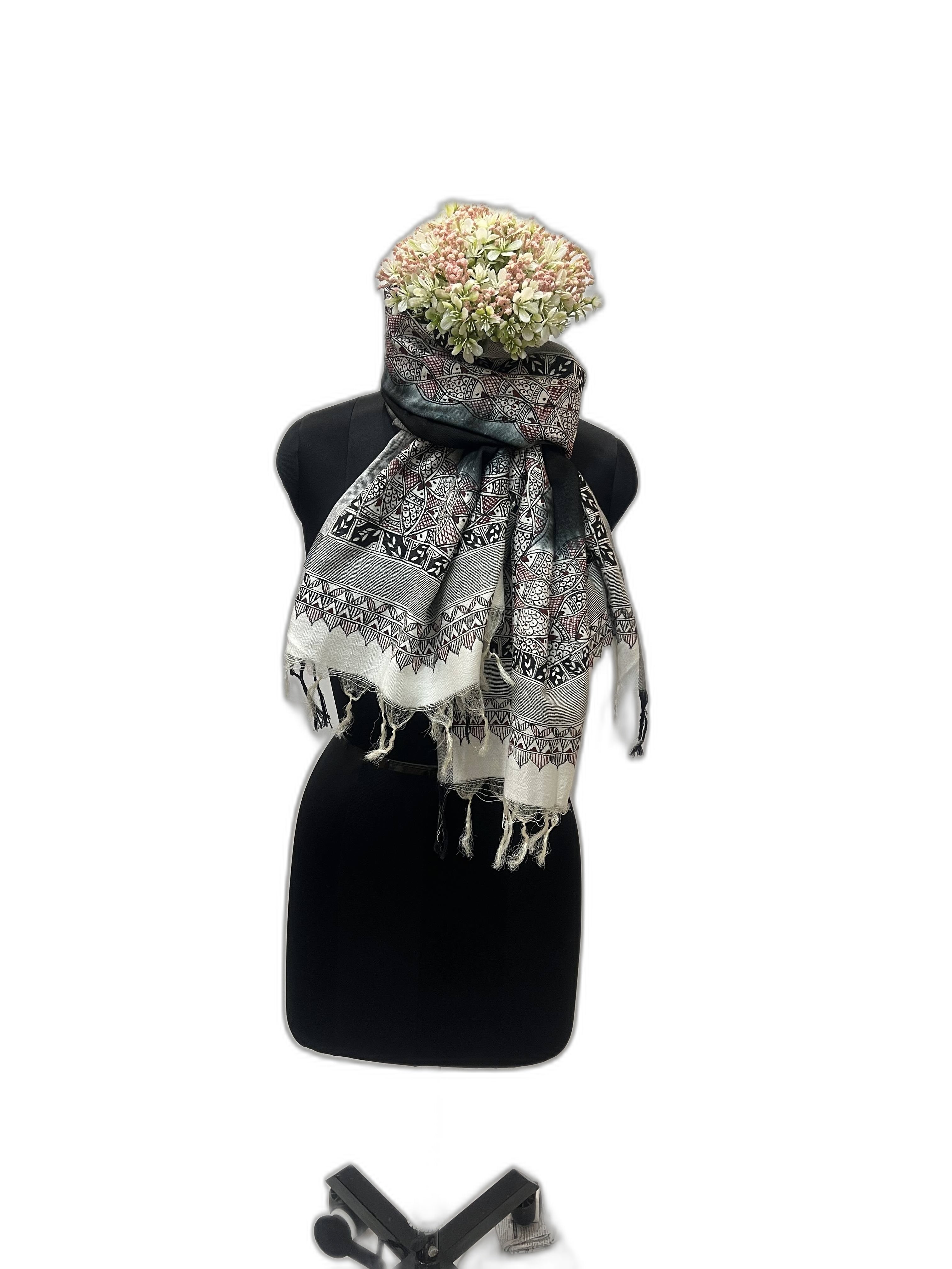 Handpainted Madhubani in Black and White Tussar Cotton Stole with Fish Motifs