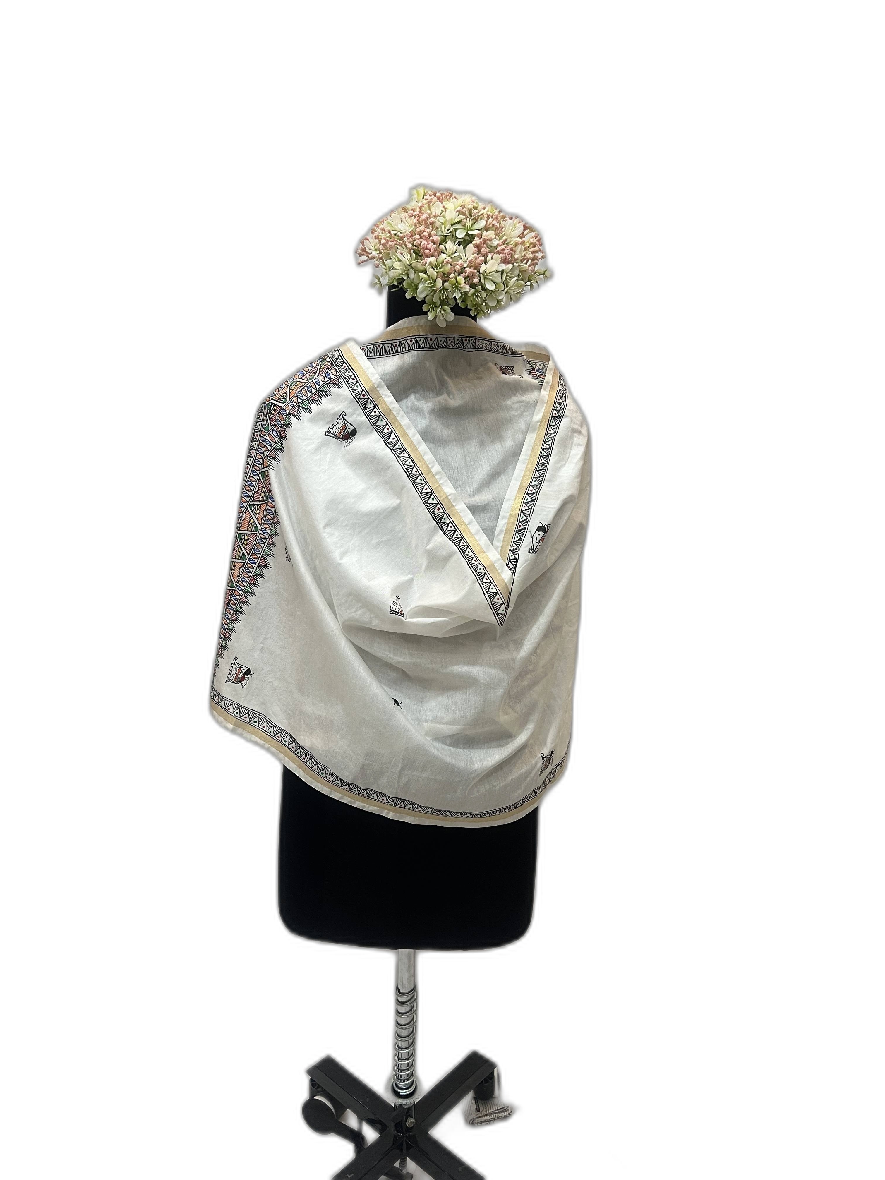 Handpainted Madhubani Katan Silk Stole in White with Zari Border