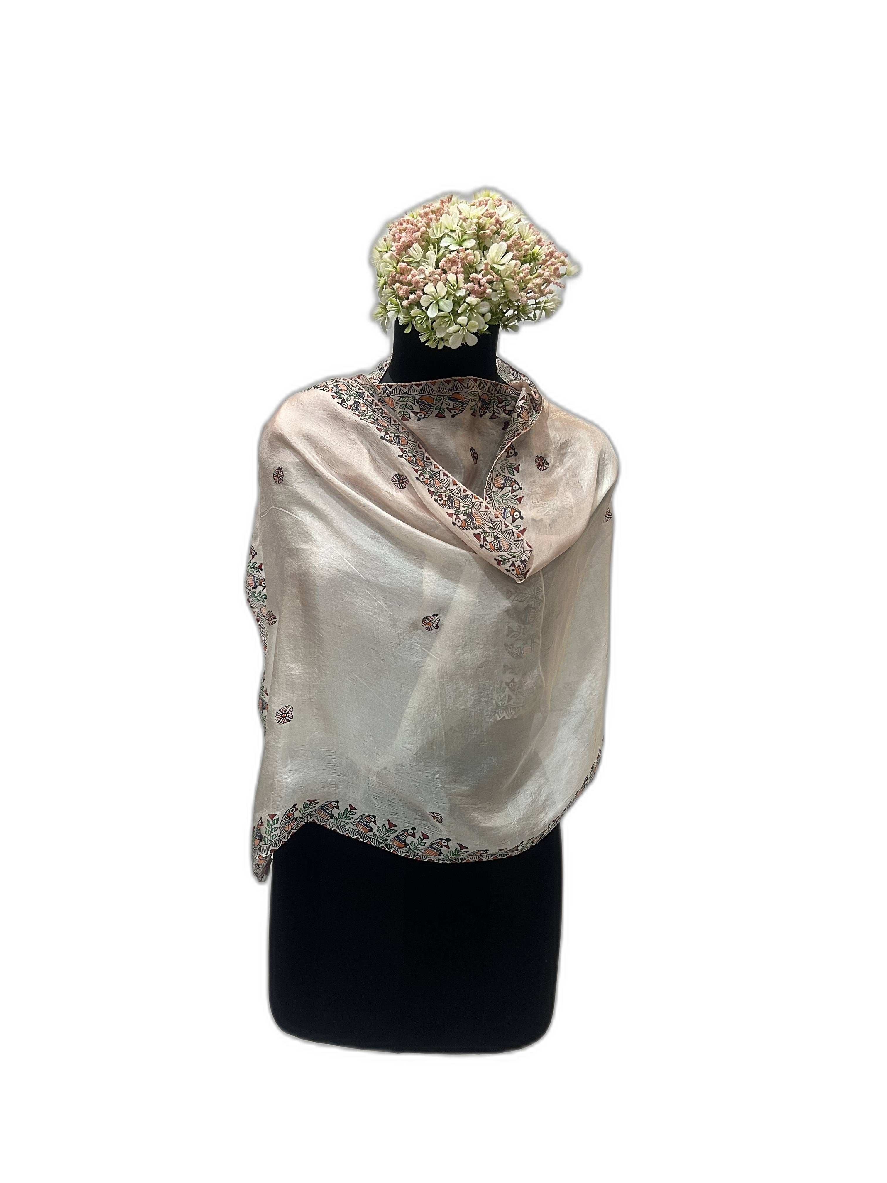 Handpainted Madhubani Stole on Tabby Silk with Bird Motif