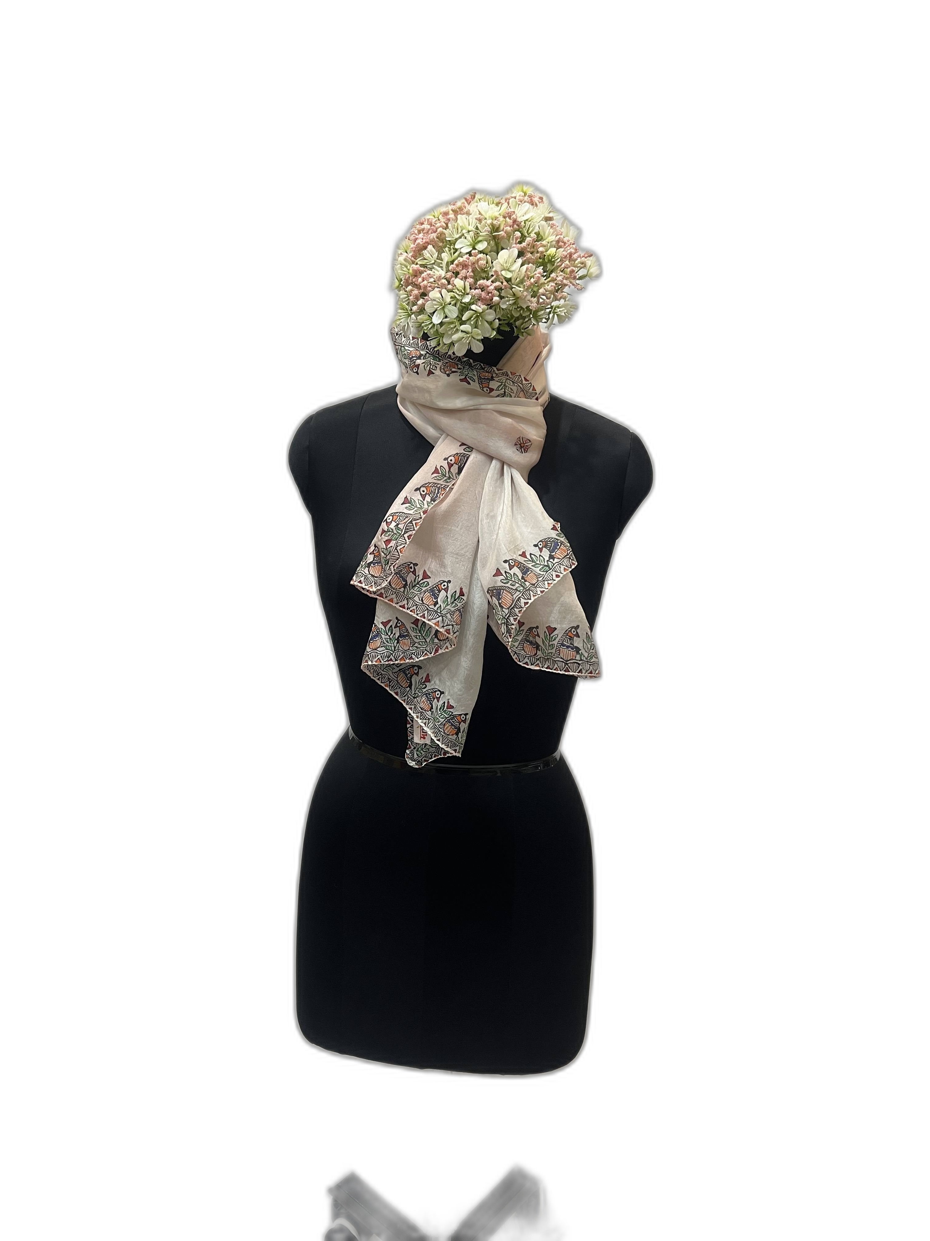 Handpainted Madhubani Stole on Tabby Silk with Bird Motif