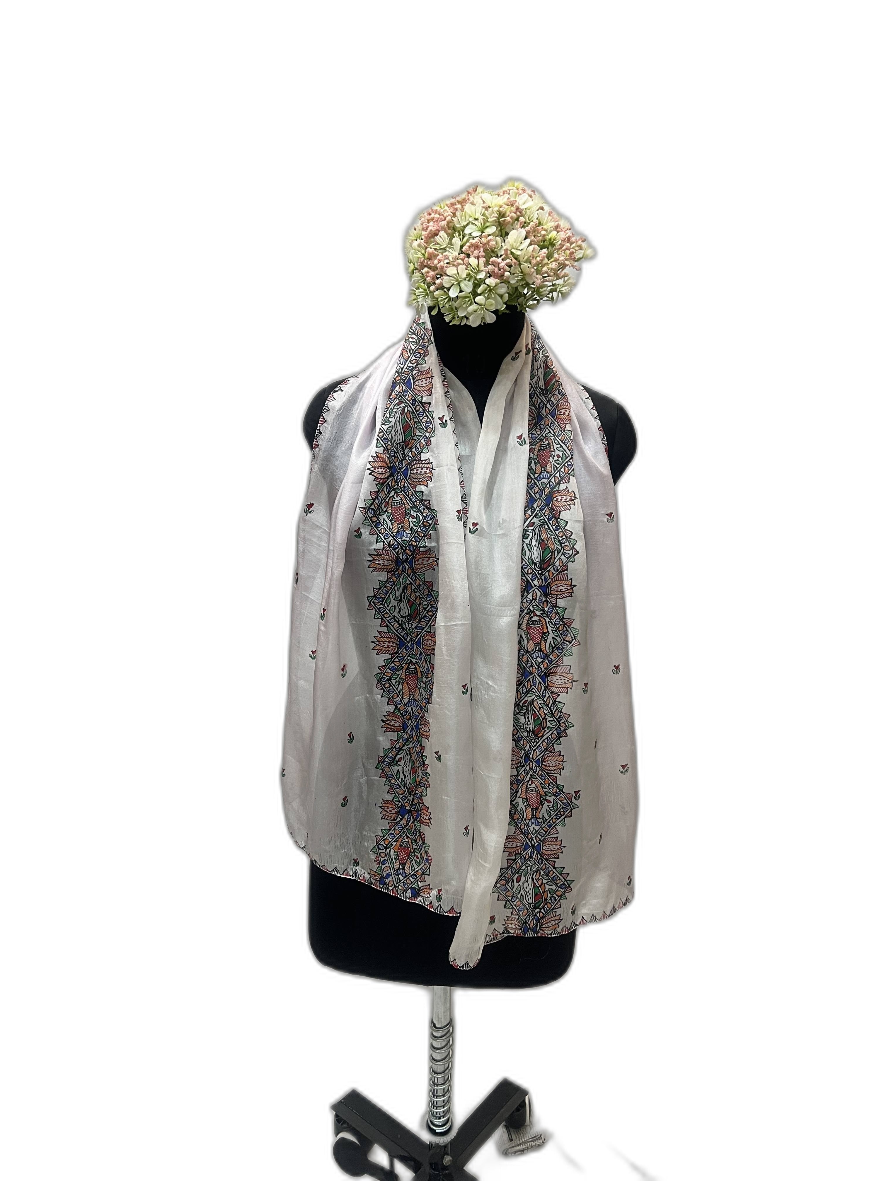 Handpainted Madhubani Stole on Tabby Silk with Fish and Peacock motif