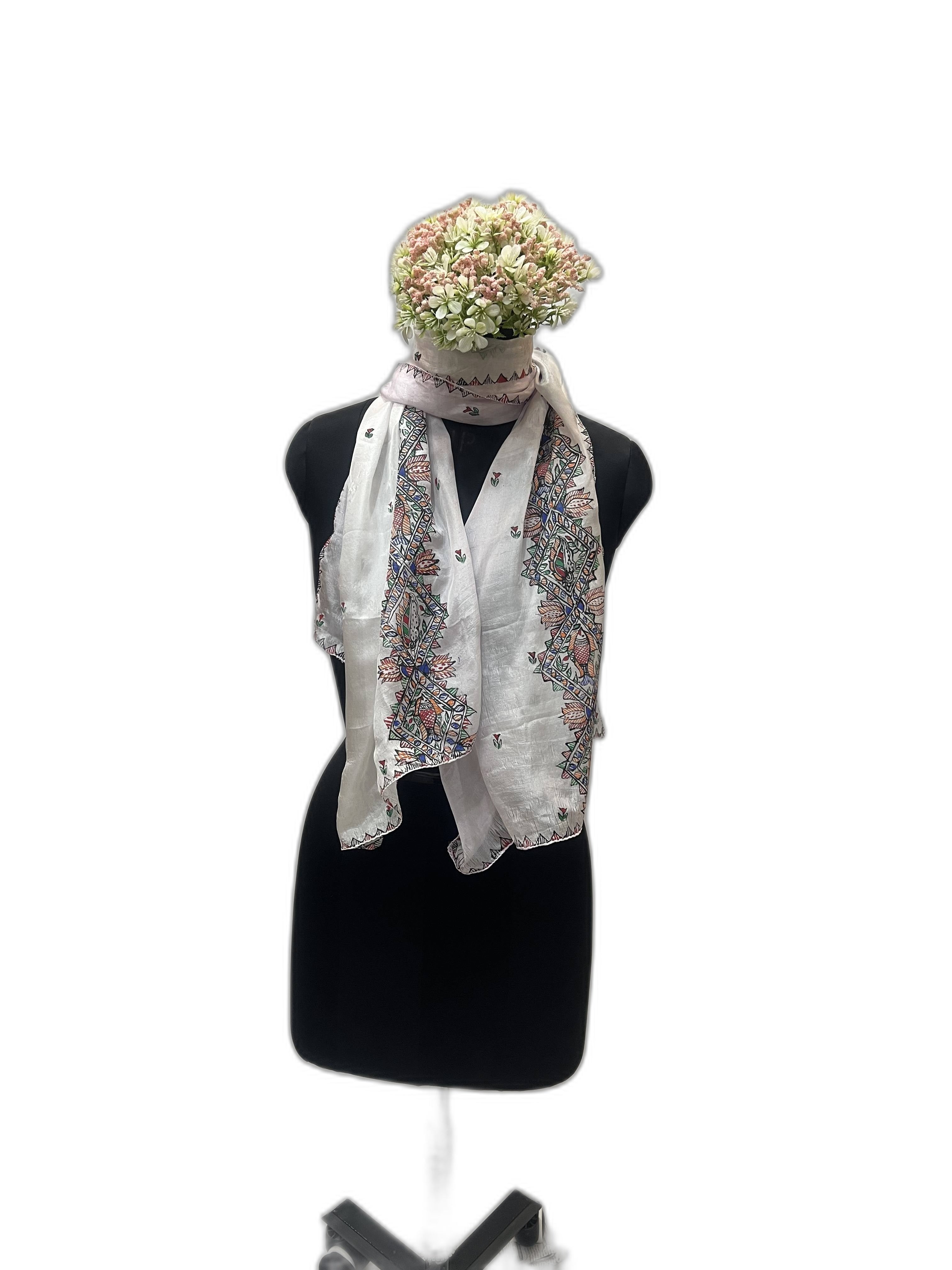 Handpainted Madhubani Stole on Tabby Silk with Fish and Peacock motif