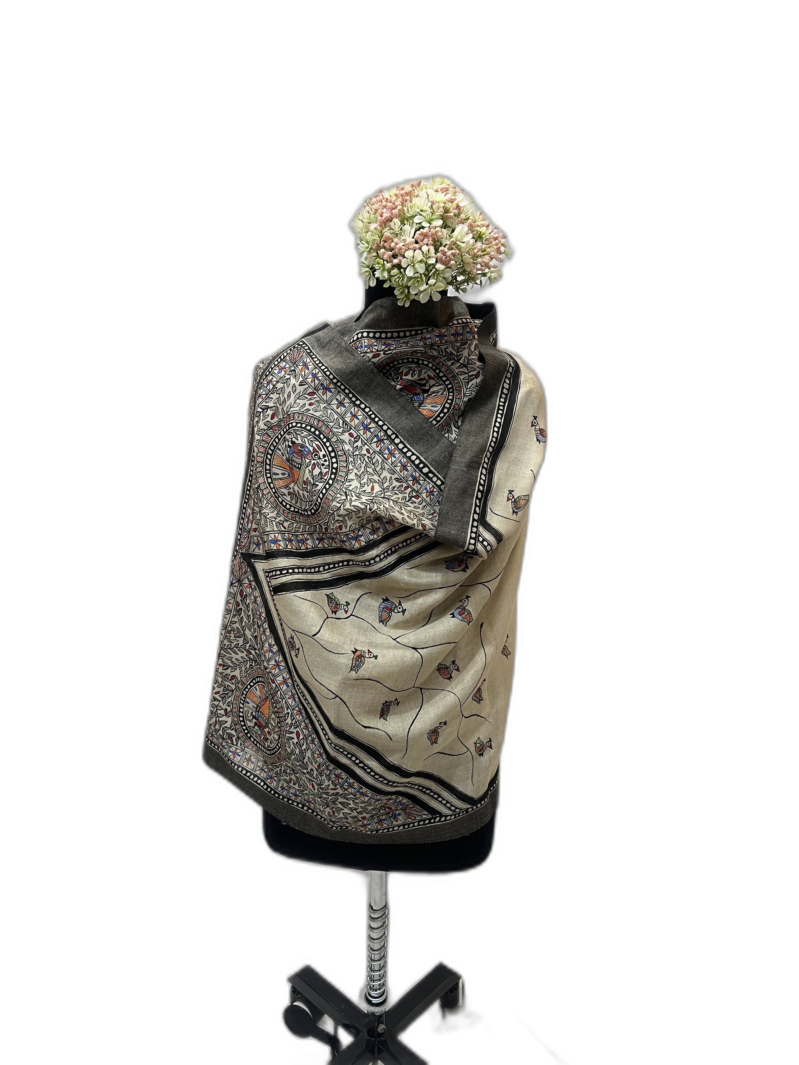 Handpainted Madhubani Tussar Munga Silk Stole with Black Weaved Border
