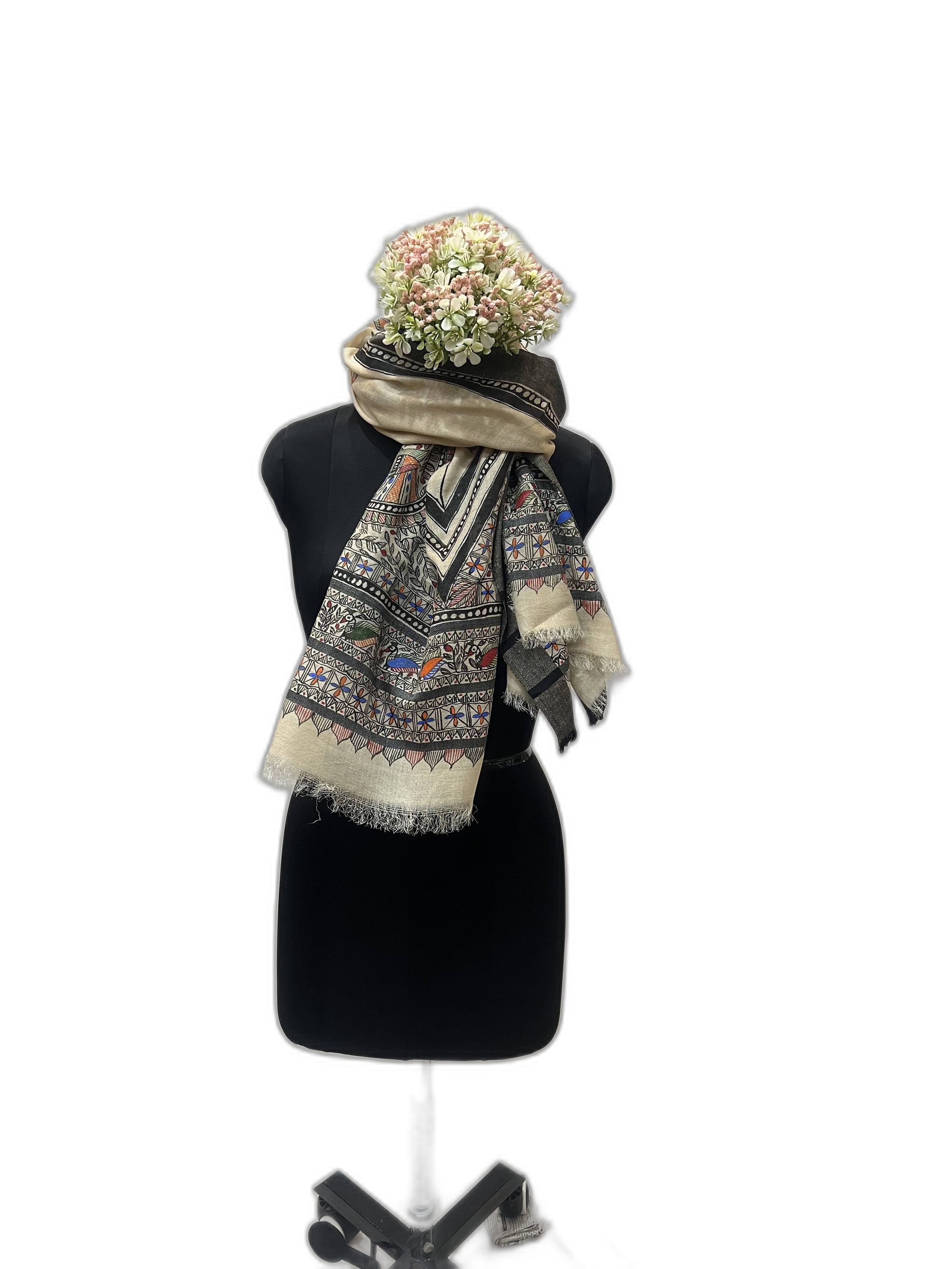 Handpainted Madhubani Tussar Munga Silk Stole with Black Weaved Border