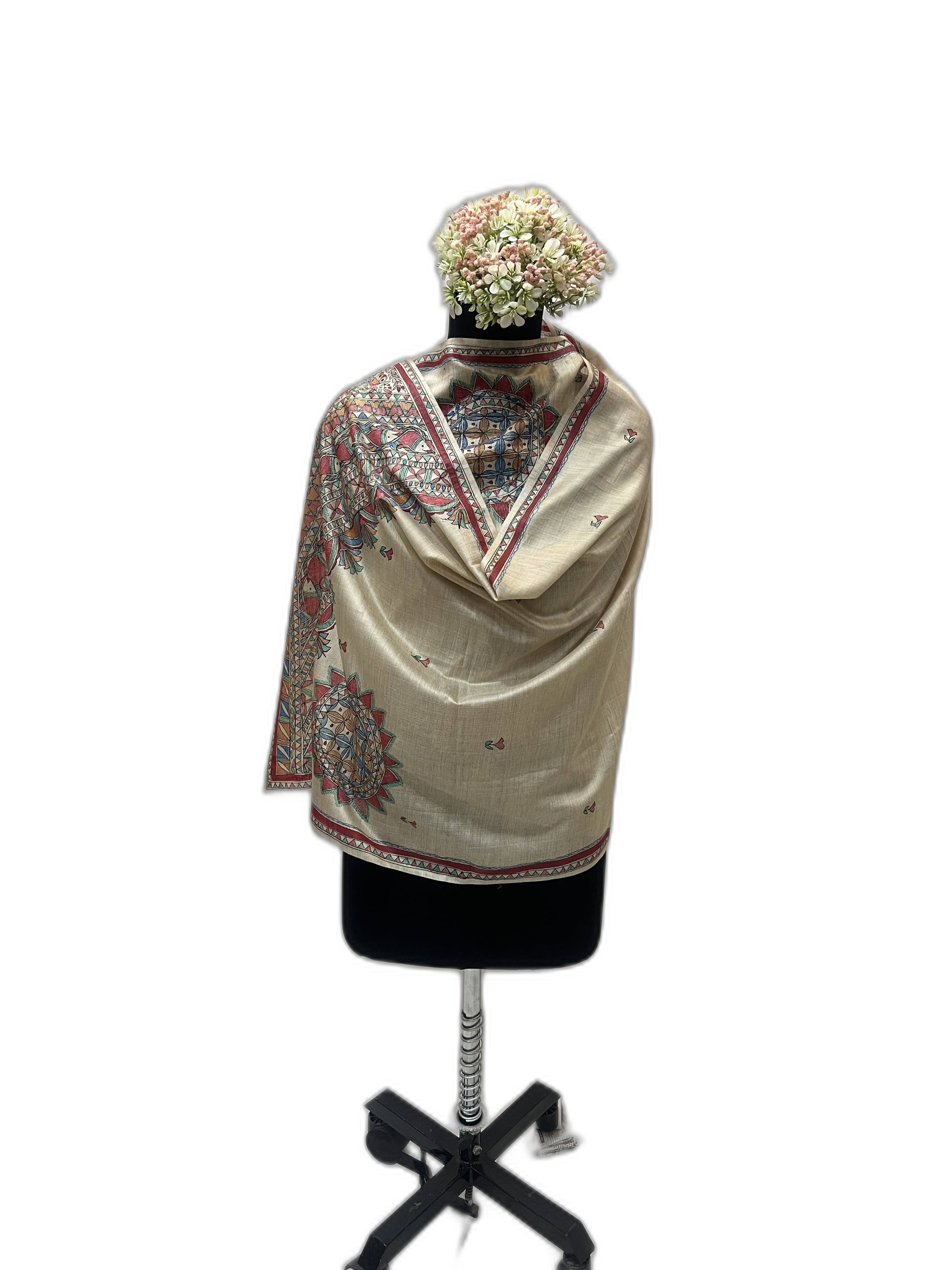 Handpainted Madhubani Stole on Tussar Munga Silk with Red Border