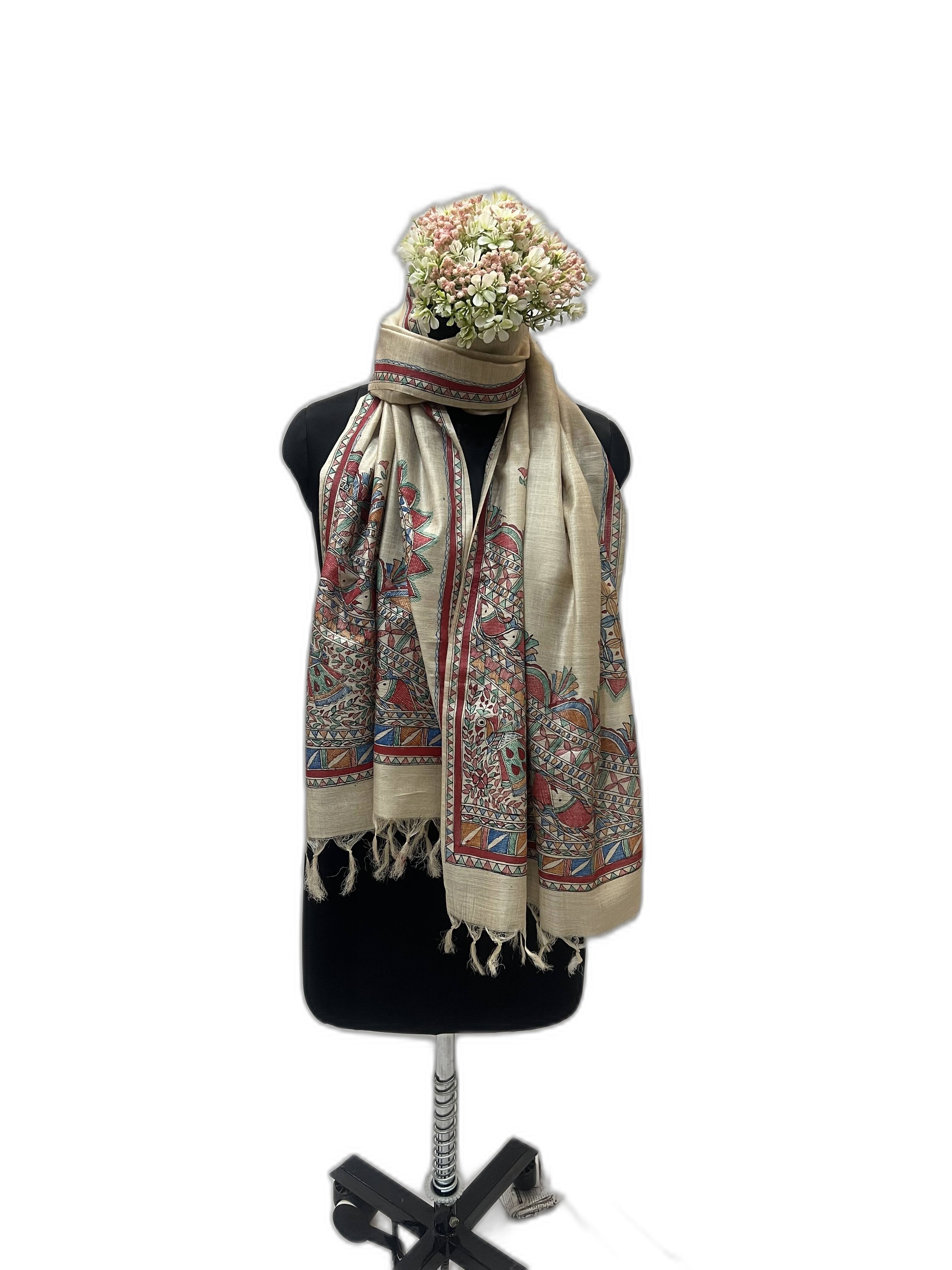 Handpainted Madhubani Stole on Tussar Munga Silk with Red Border