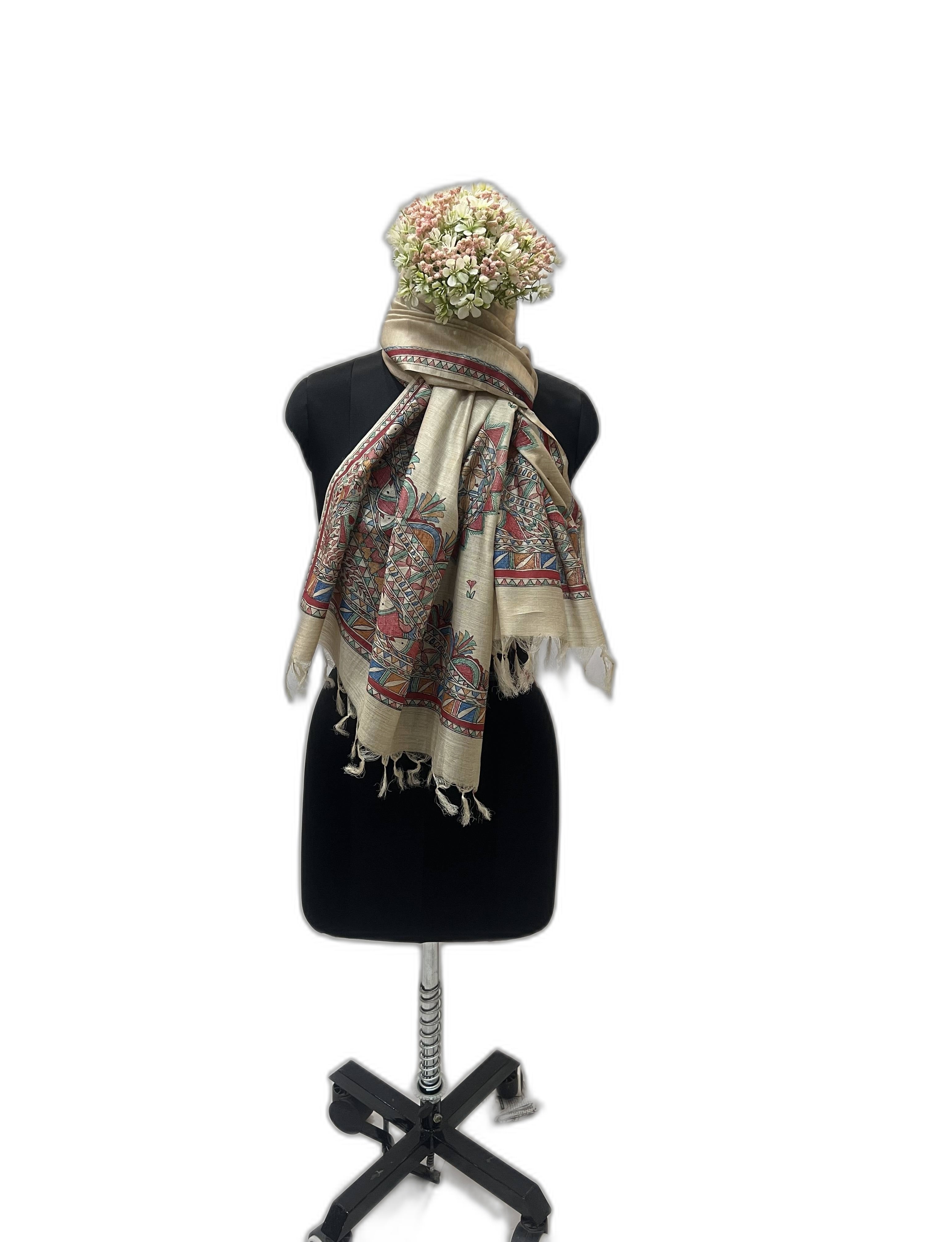 Handpainted Madhubani Stole on Tussar Munga Silk with Red Border