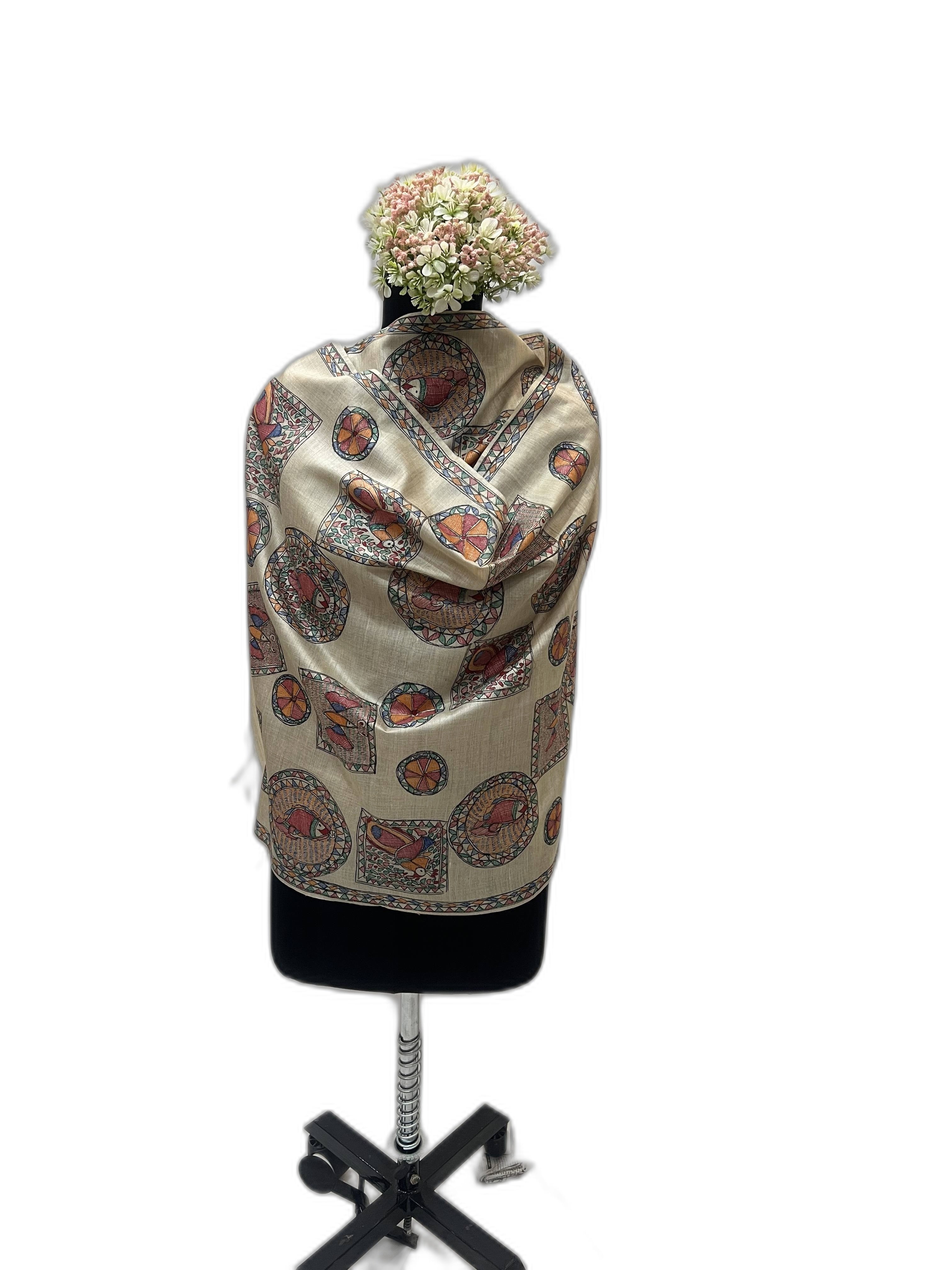 All Over Handpainted Madhubani Tussar Munga Silk Stole with Geometrical Patterns