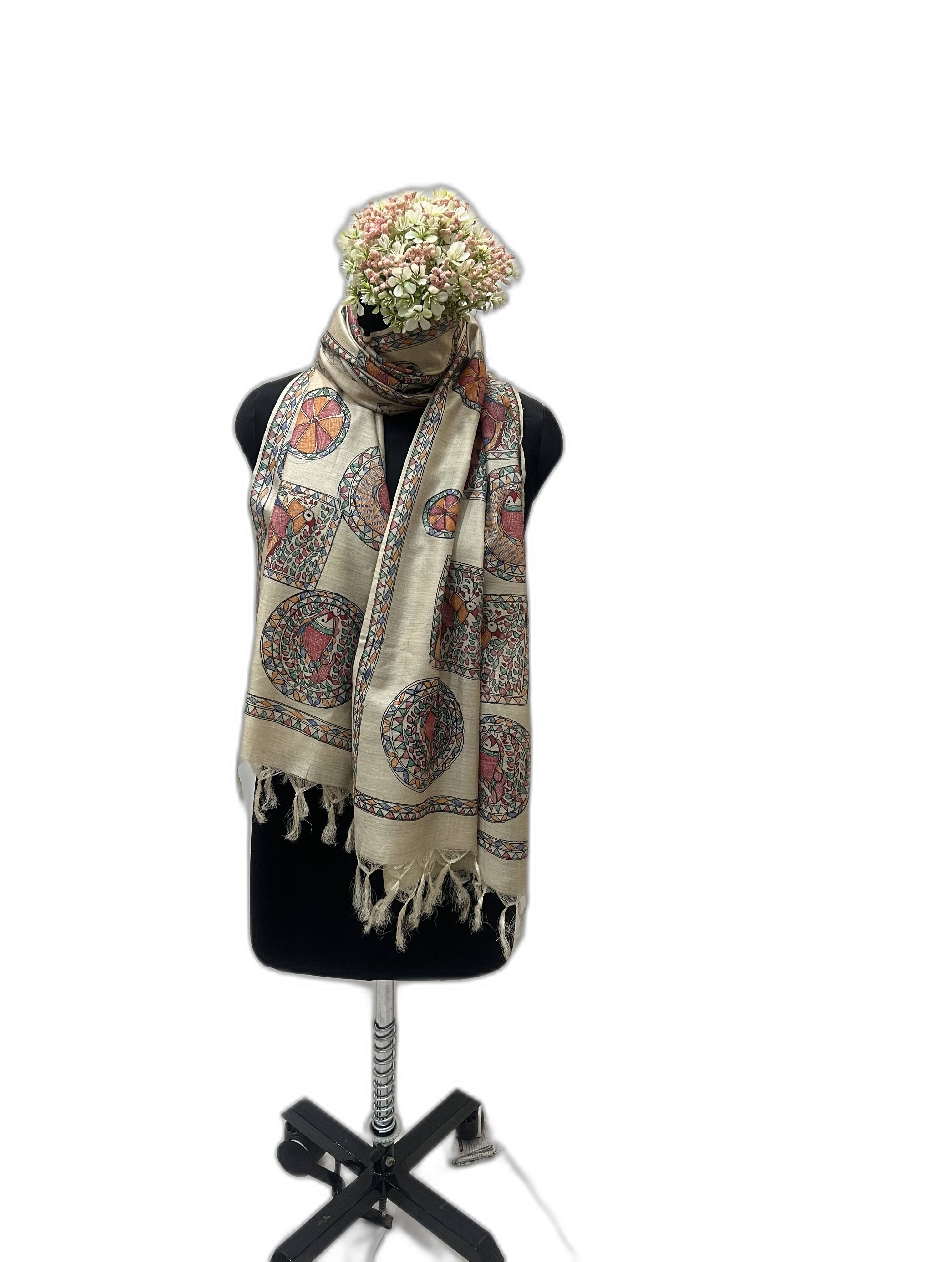 All Over Handpainted Madhubani Tussar Munga Silk Stole with Geometrical Patterns
