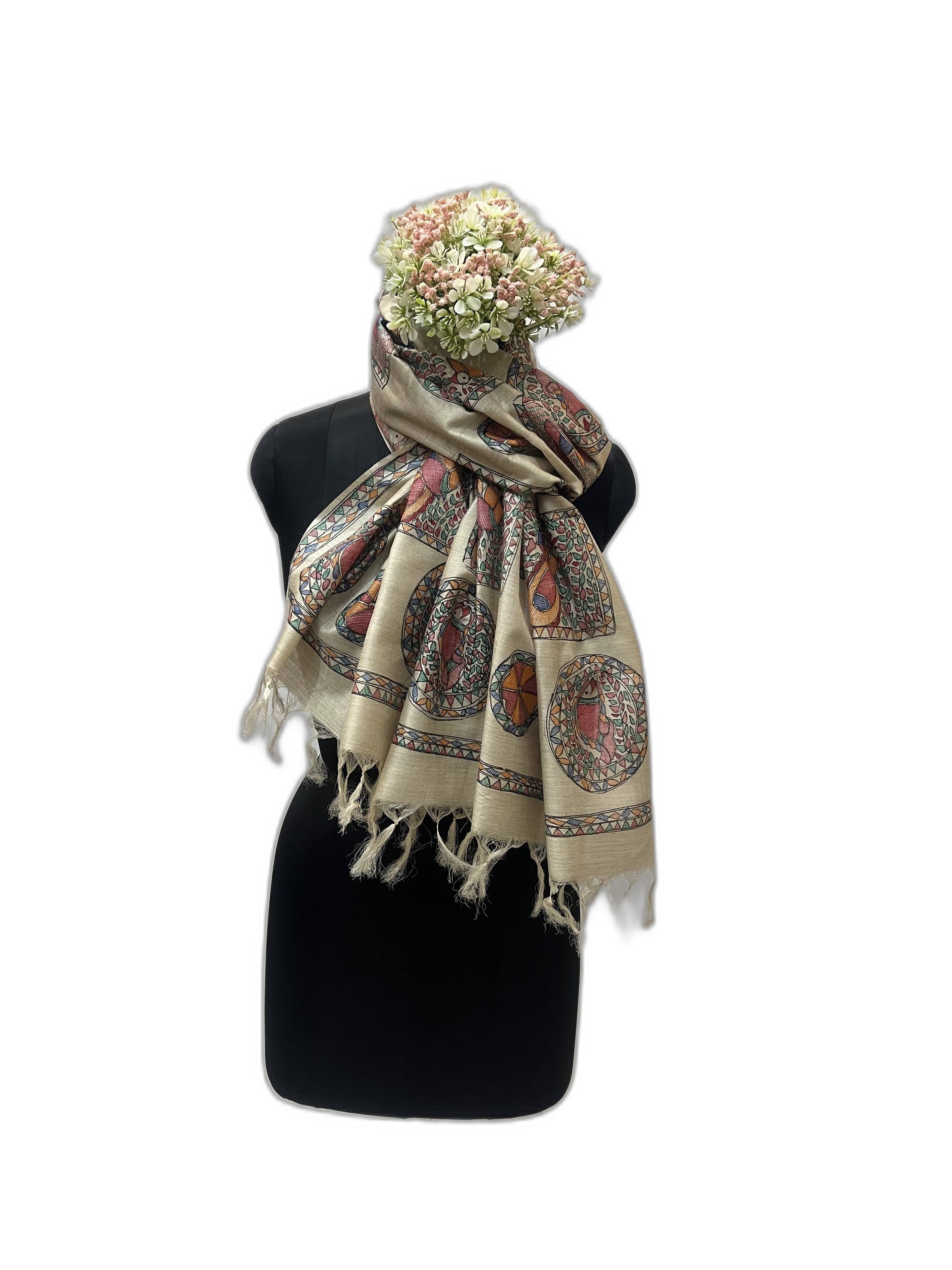 All Over Handpainted Madhubani Tussar Munga Silk Stole with Geometrical Patterns