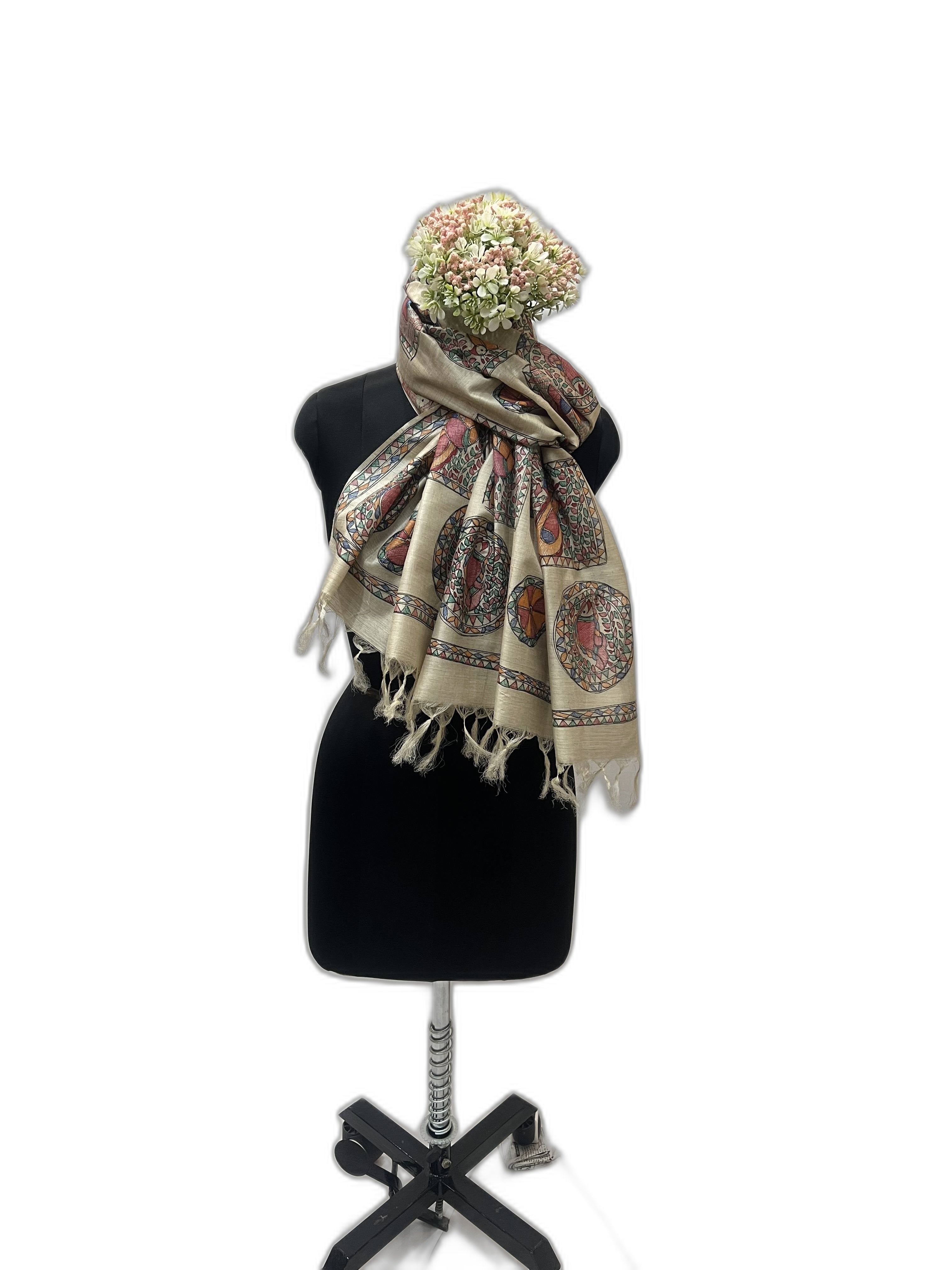 All Over Handpainted Madhubani Tussar Munga Silk Stole with Geometrical Patterns