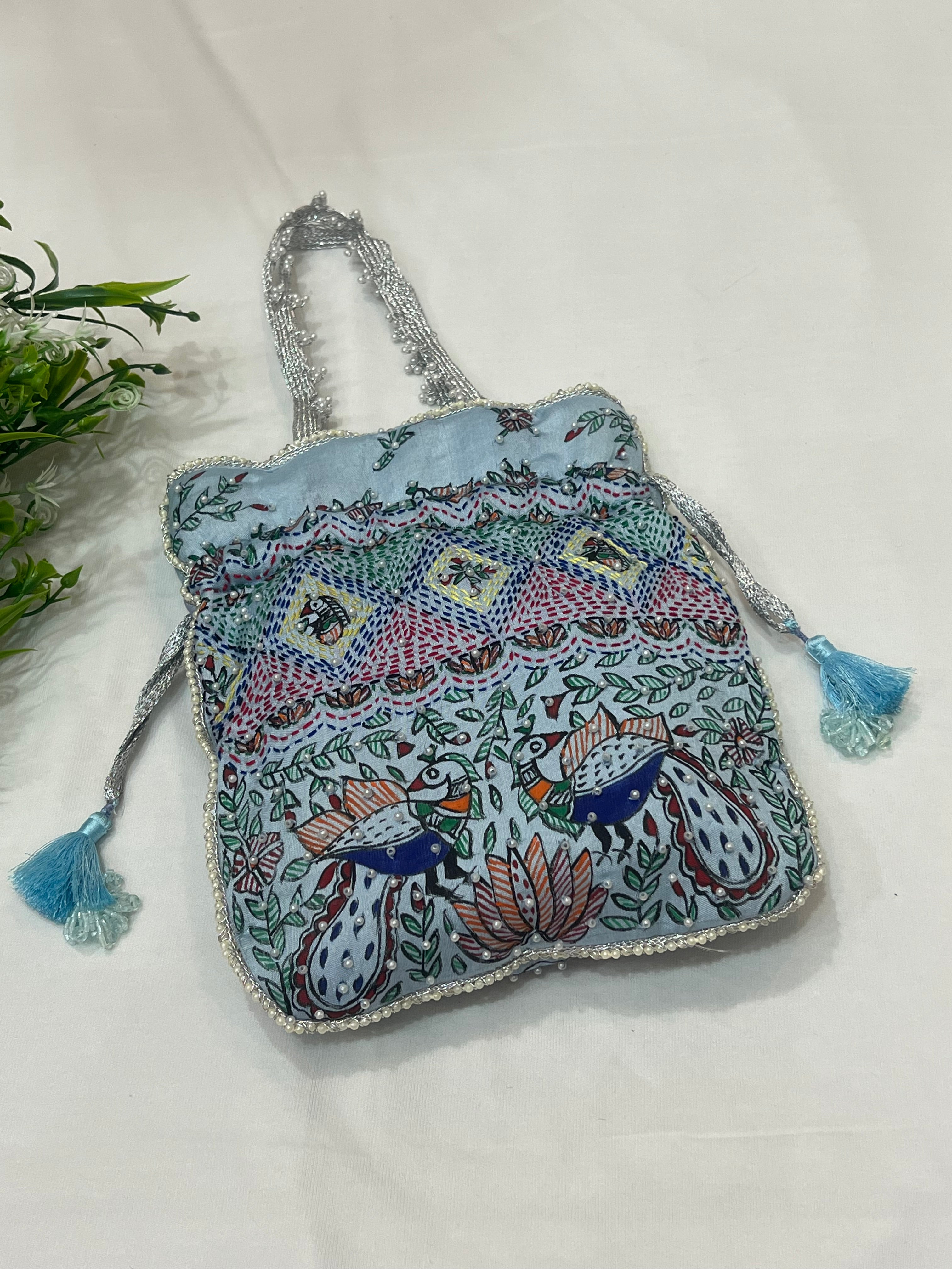 Hand-Painted BLUE Potli with Madhubani and Sujni Hand Embroidery