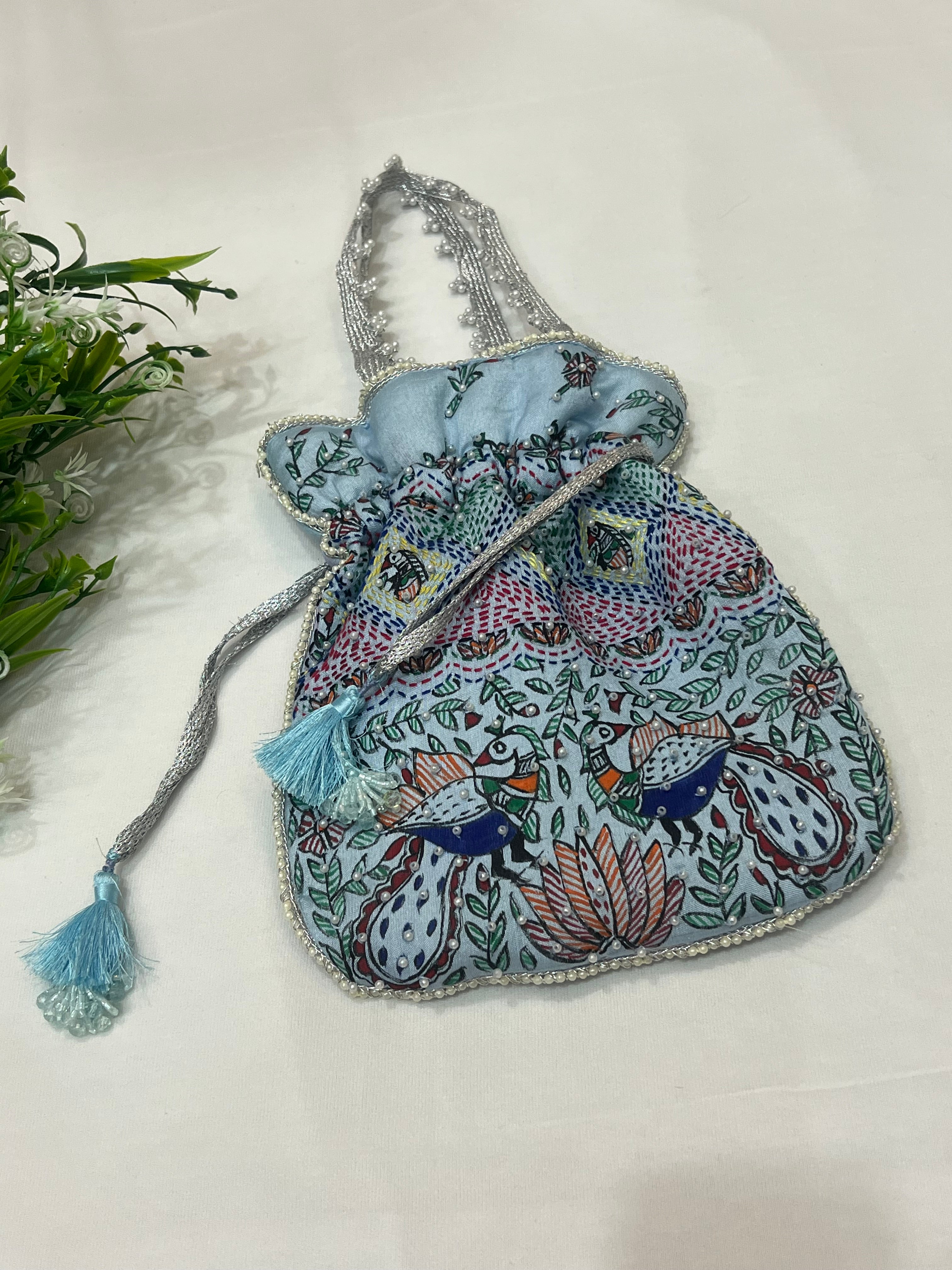 Hand-Painted BLUE Potli with Madhubani and Sujni Hand Embroidery