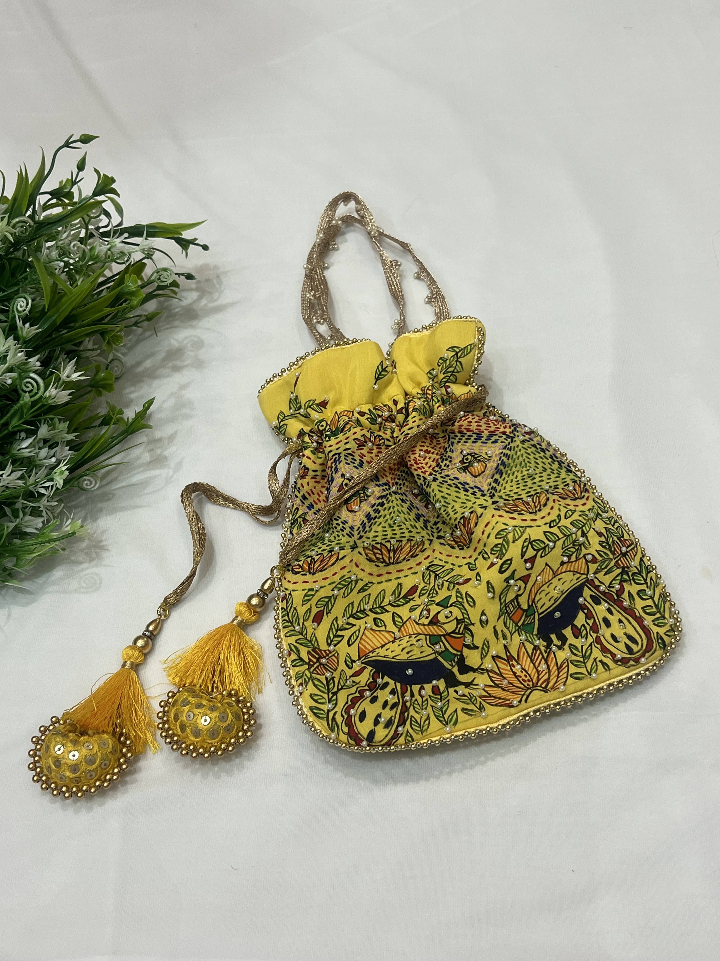 Hand-Painted YELLOW Potli with Madhubani and Sujni Hand Embroidery