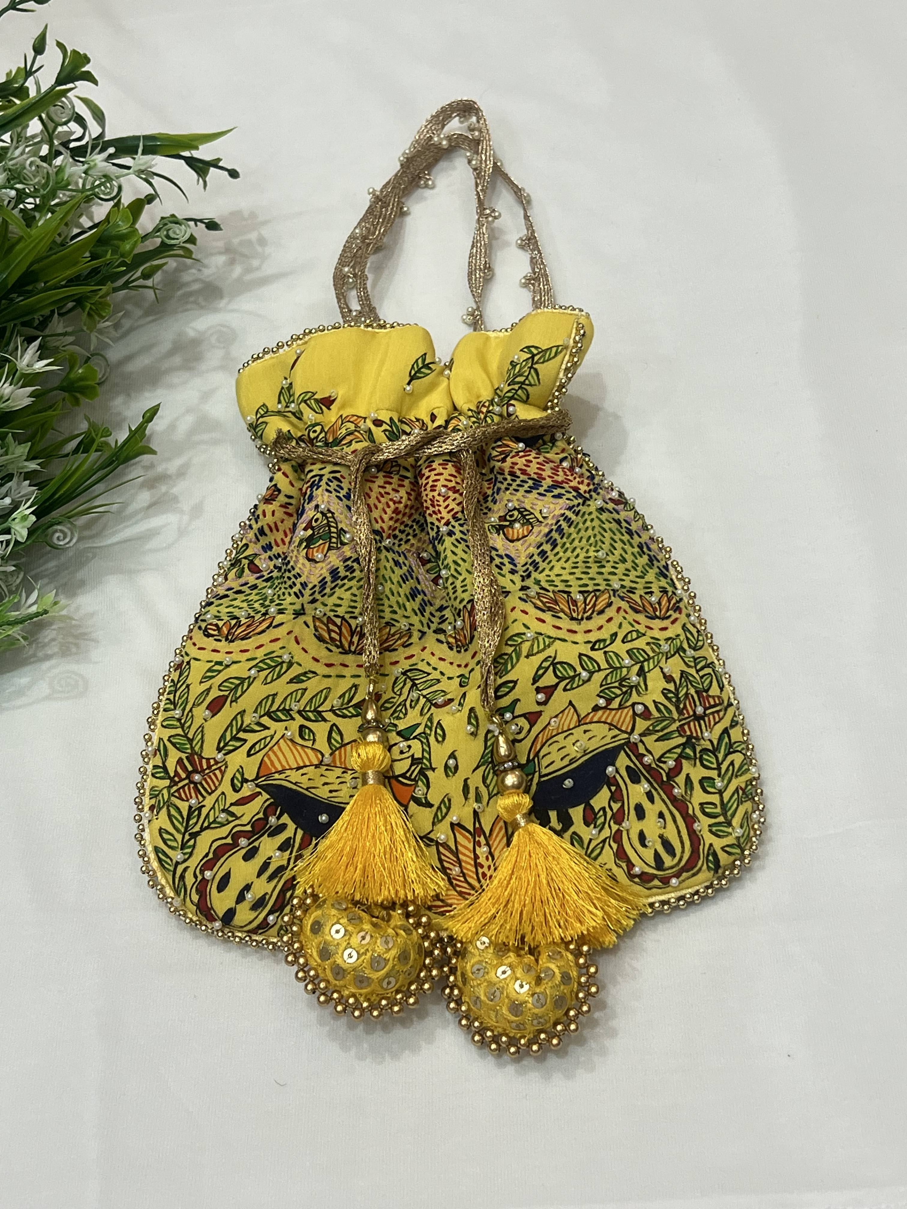 Hand-Painted YELLOW Potli with Madhubani and Sujni Hand Embroidery