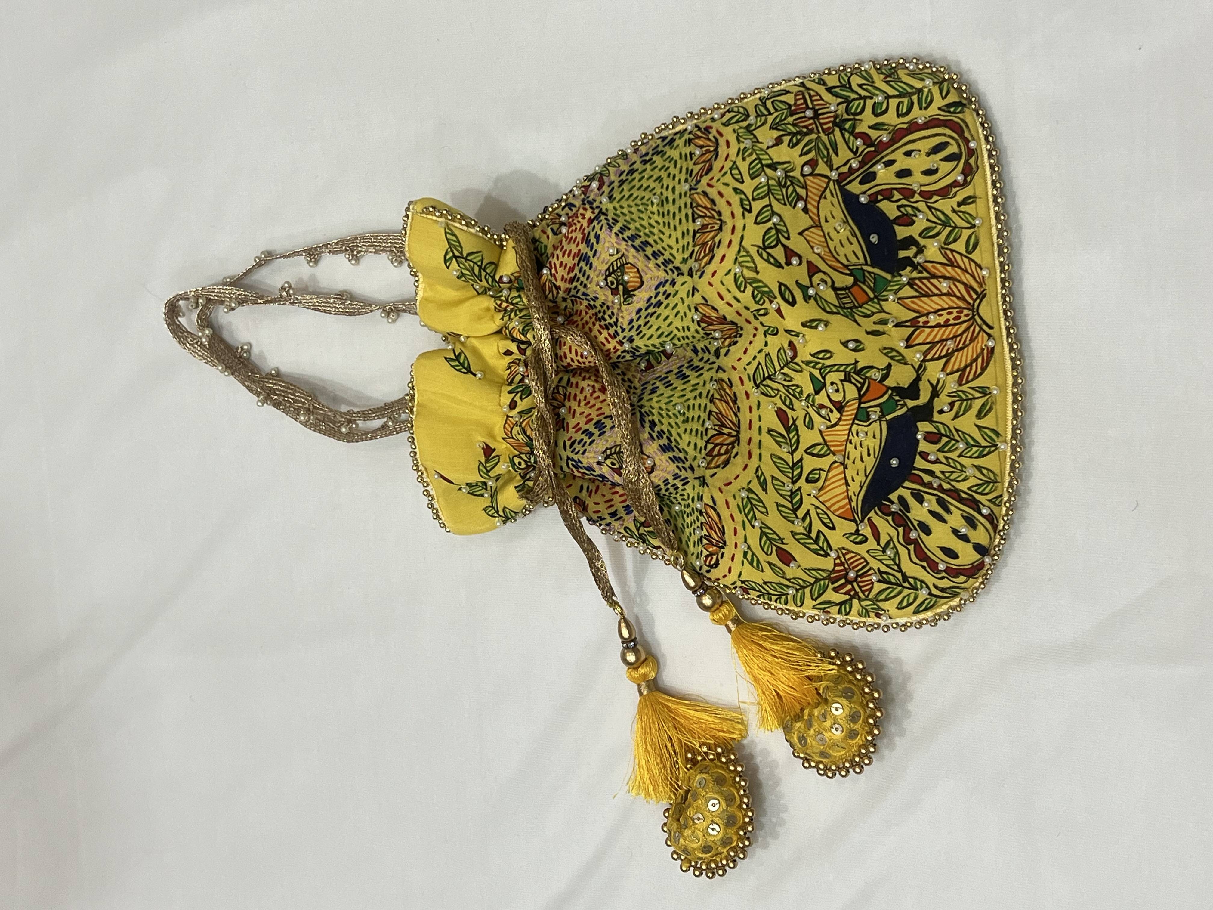 Hand-Painted YELLOW Potli with Madhubani and Sujni Hand Embroidery