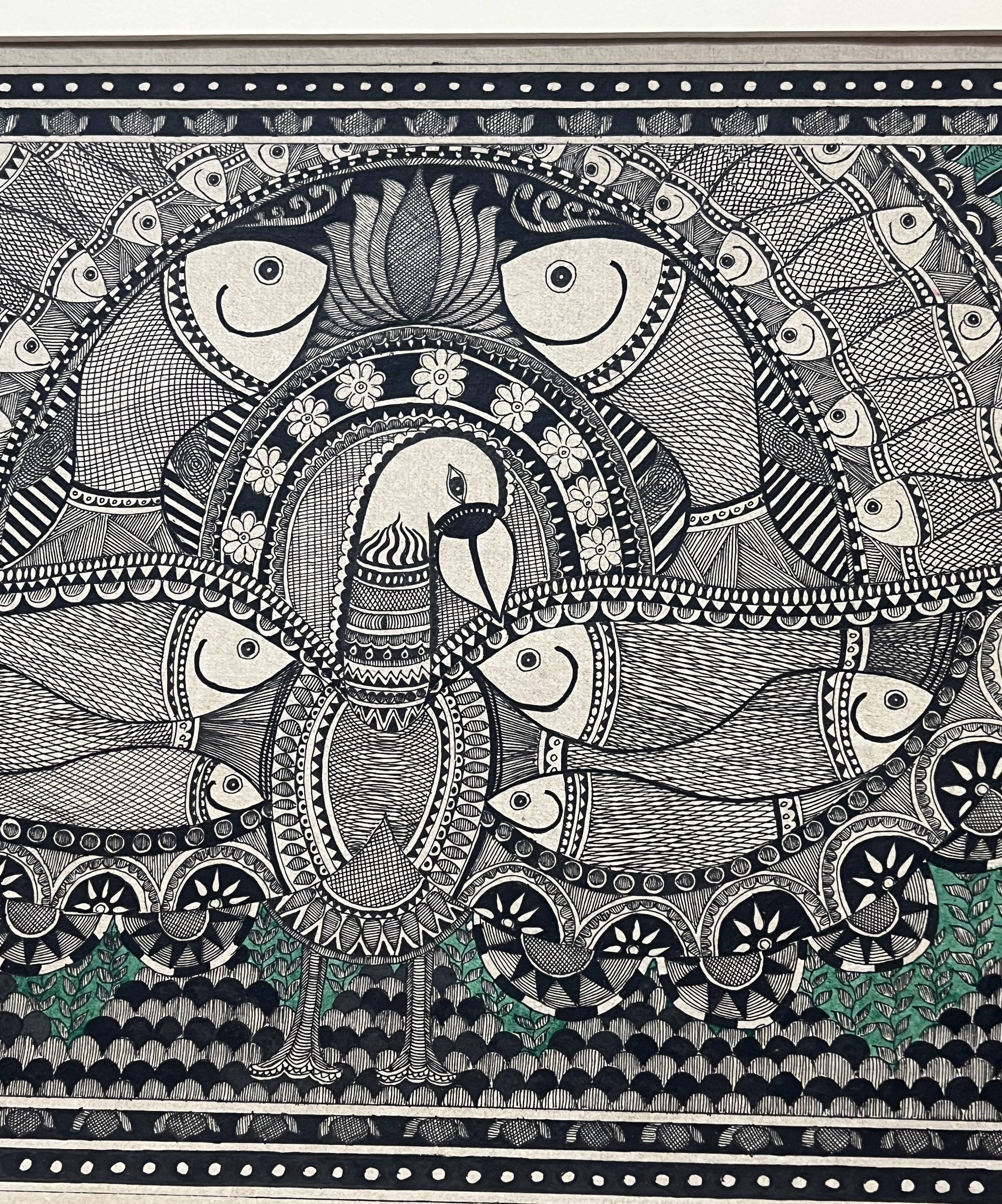 Hand painted Madhubani Painting on Handmade Paper - Fish Motif