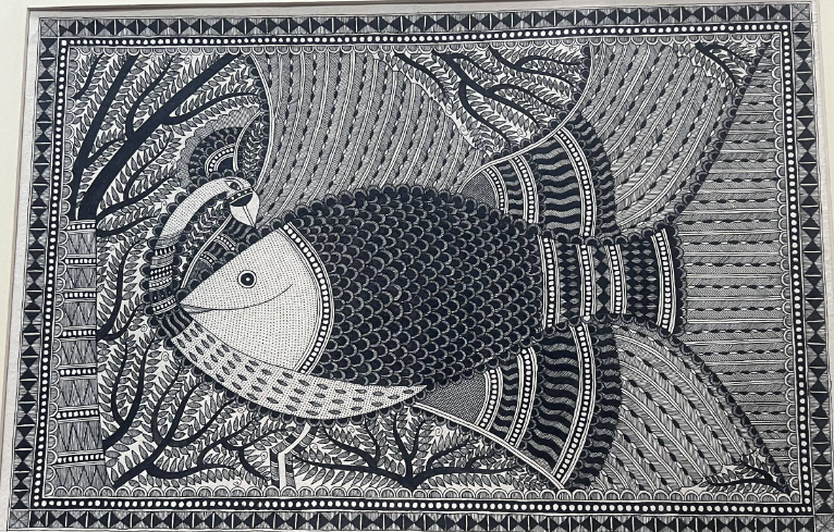 Hand painted Madhubani Painting on Handmade Paper - Fish and Peacock Motif