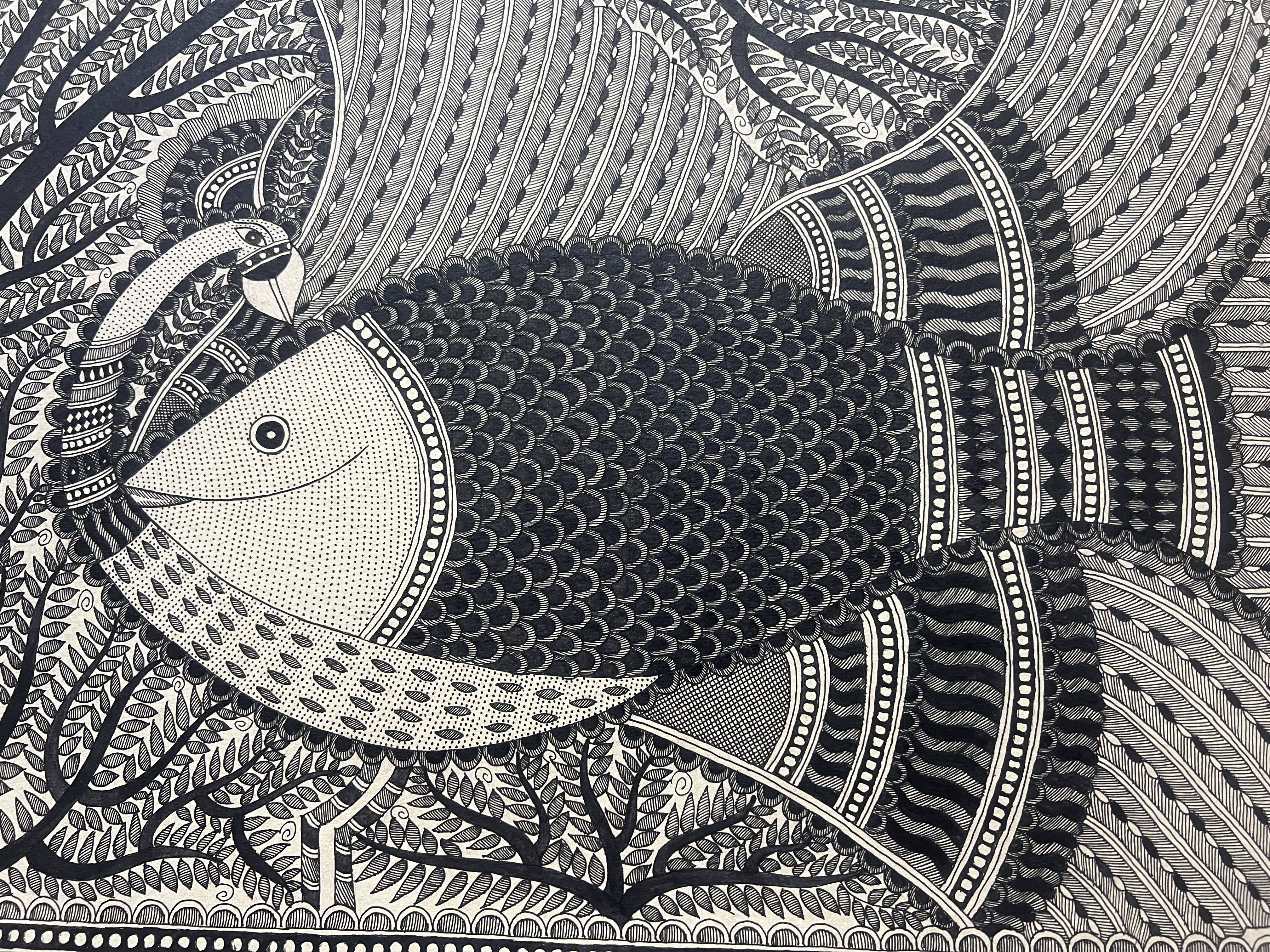 Hand painted Madhubani Painting on Handmade Paper - Fish and Peacock Motif