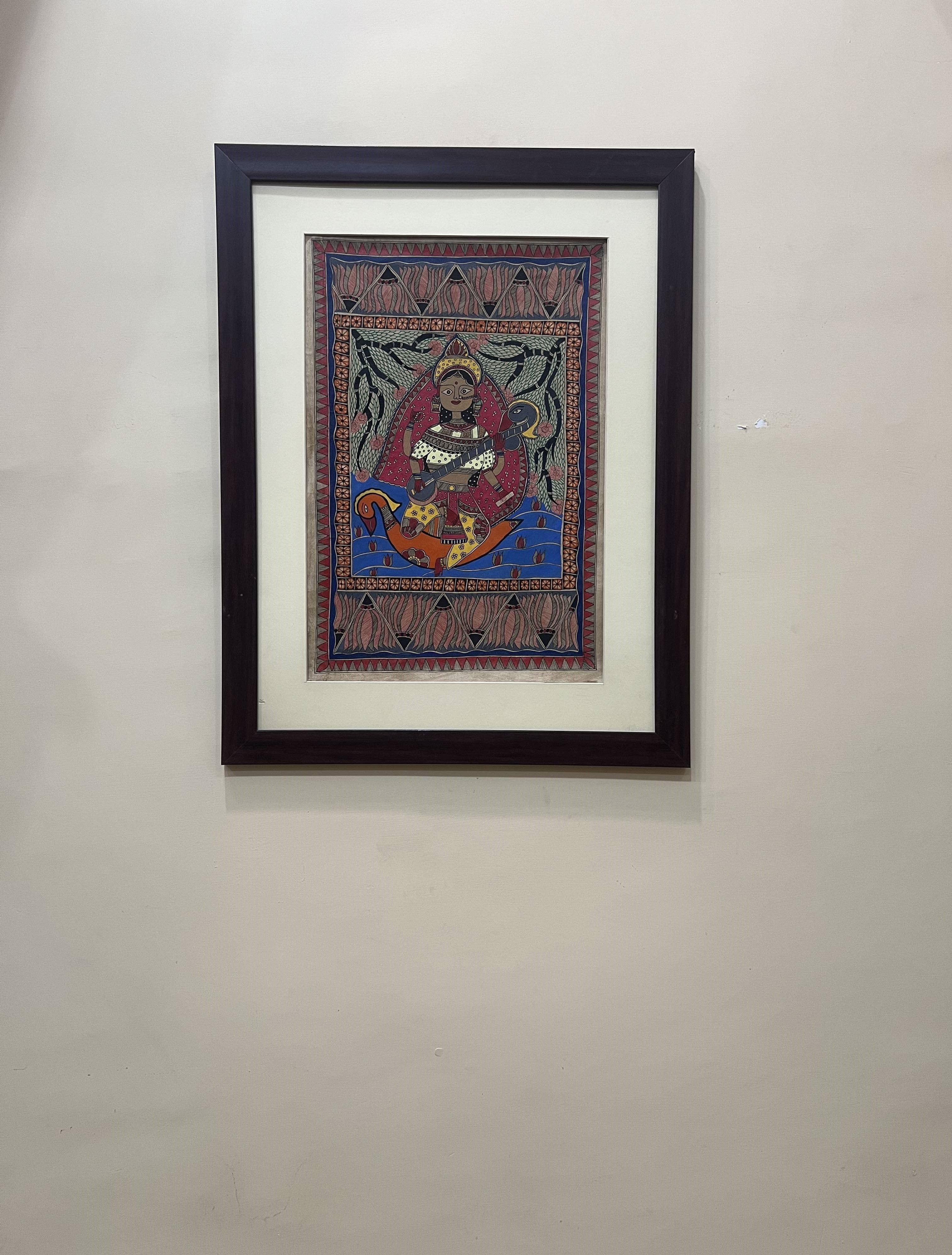 Handpainted Madhubani Painting on Handmade Paper - Saraswati