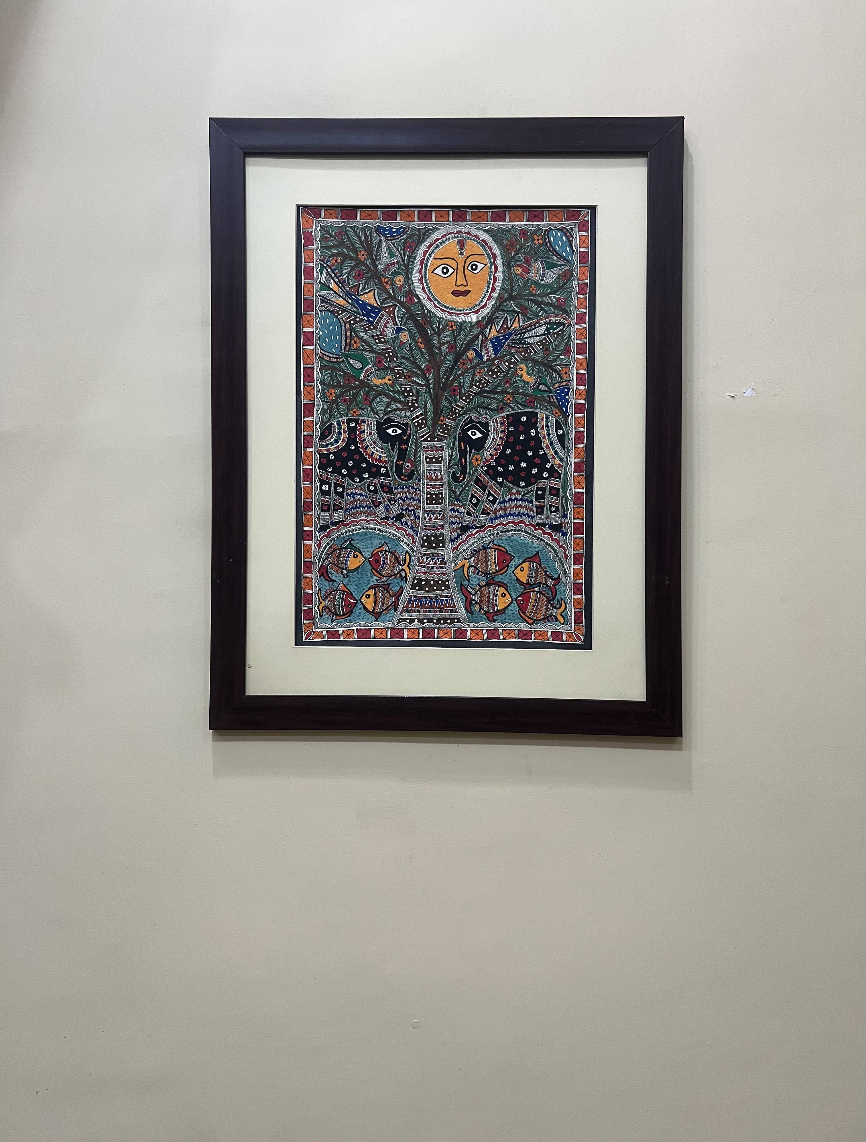 Handcrafted Madhubani Painting on Handmade Paper – Tree of Life with Elephant