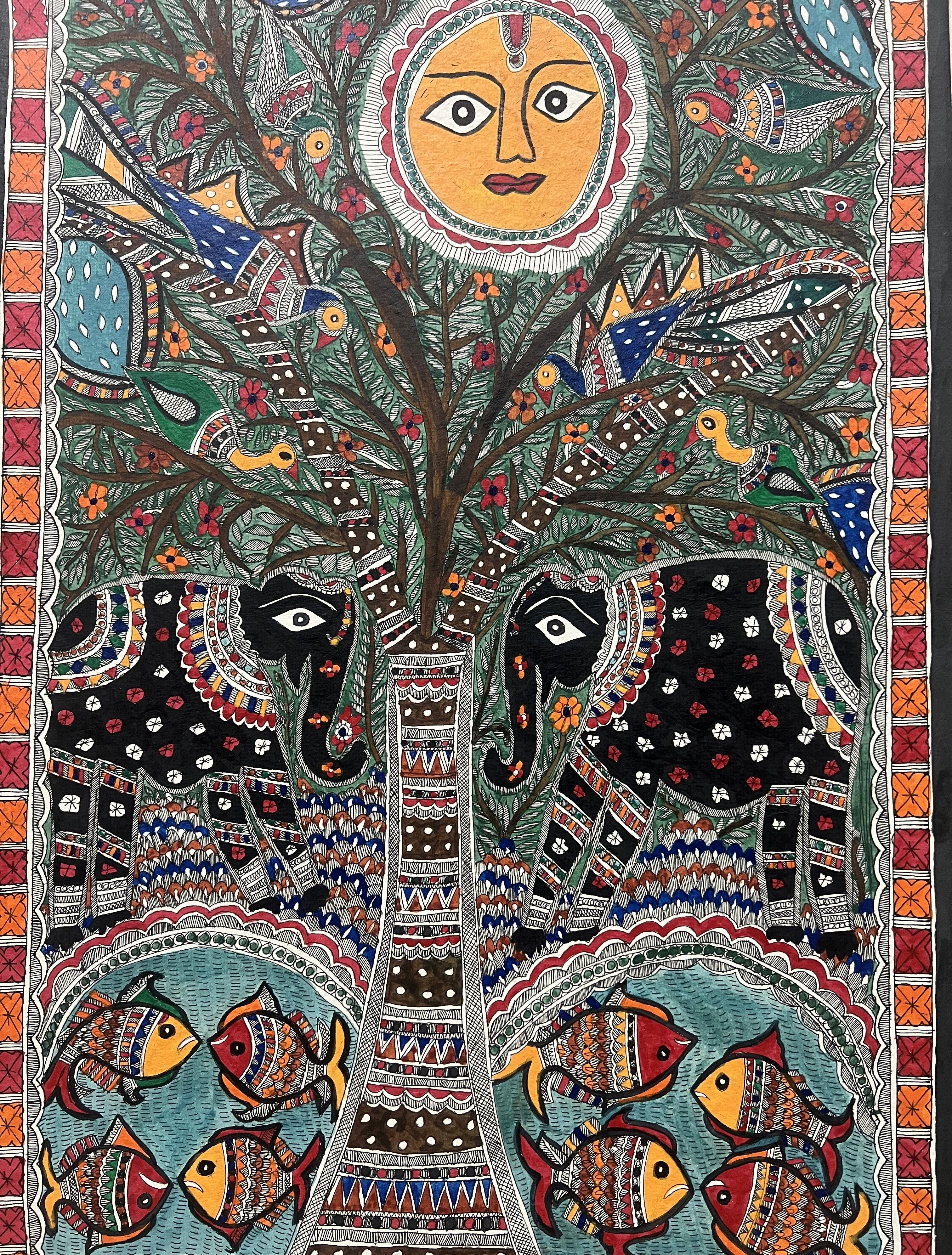 Handcrafted Madhubani Painting on Handmade Paper – Tree of Life with Elephant