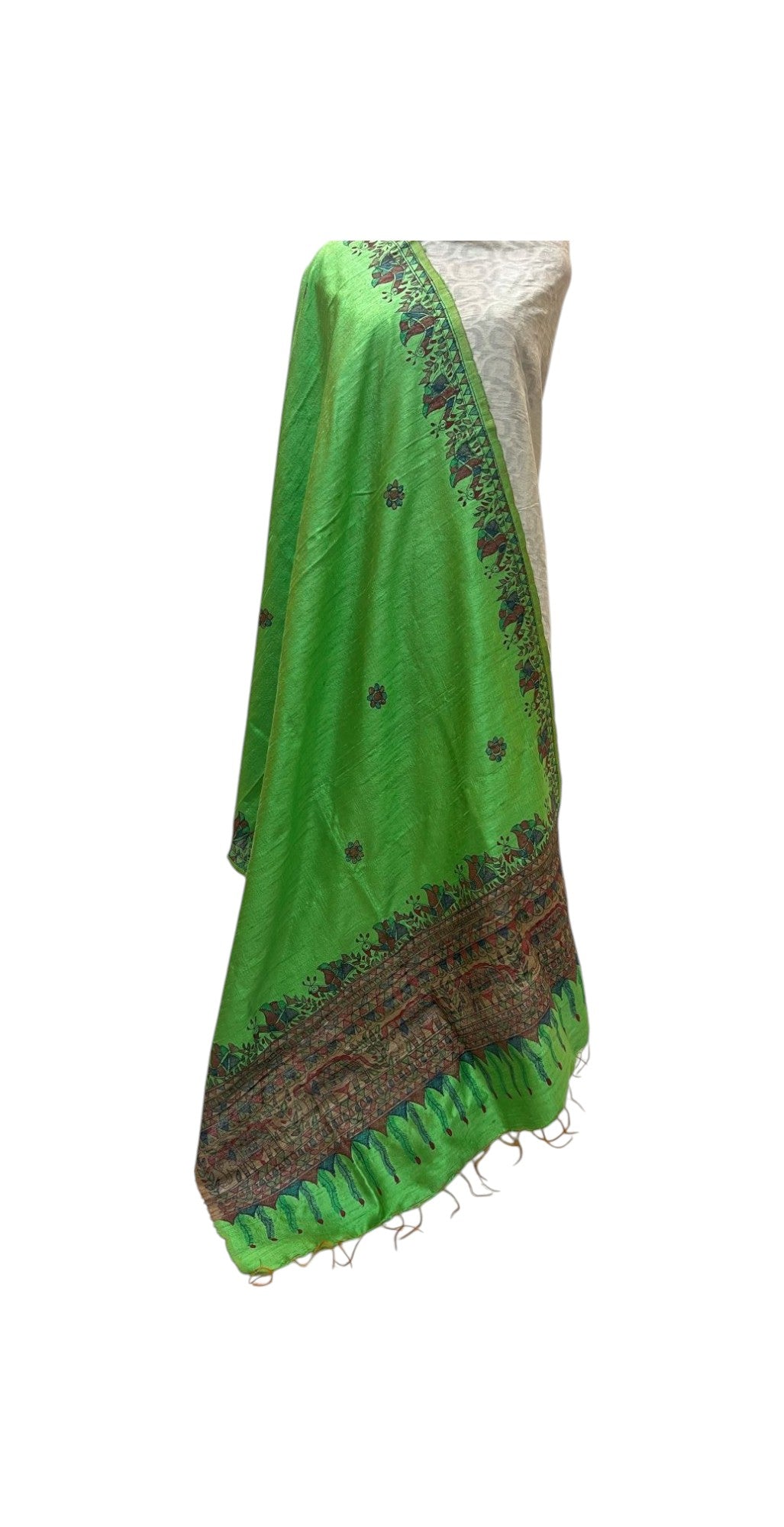 Madhubani Handpainted Dupatta – Green with Peacock and Elephant Border