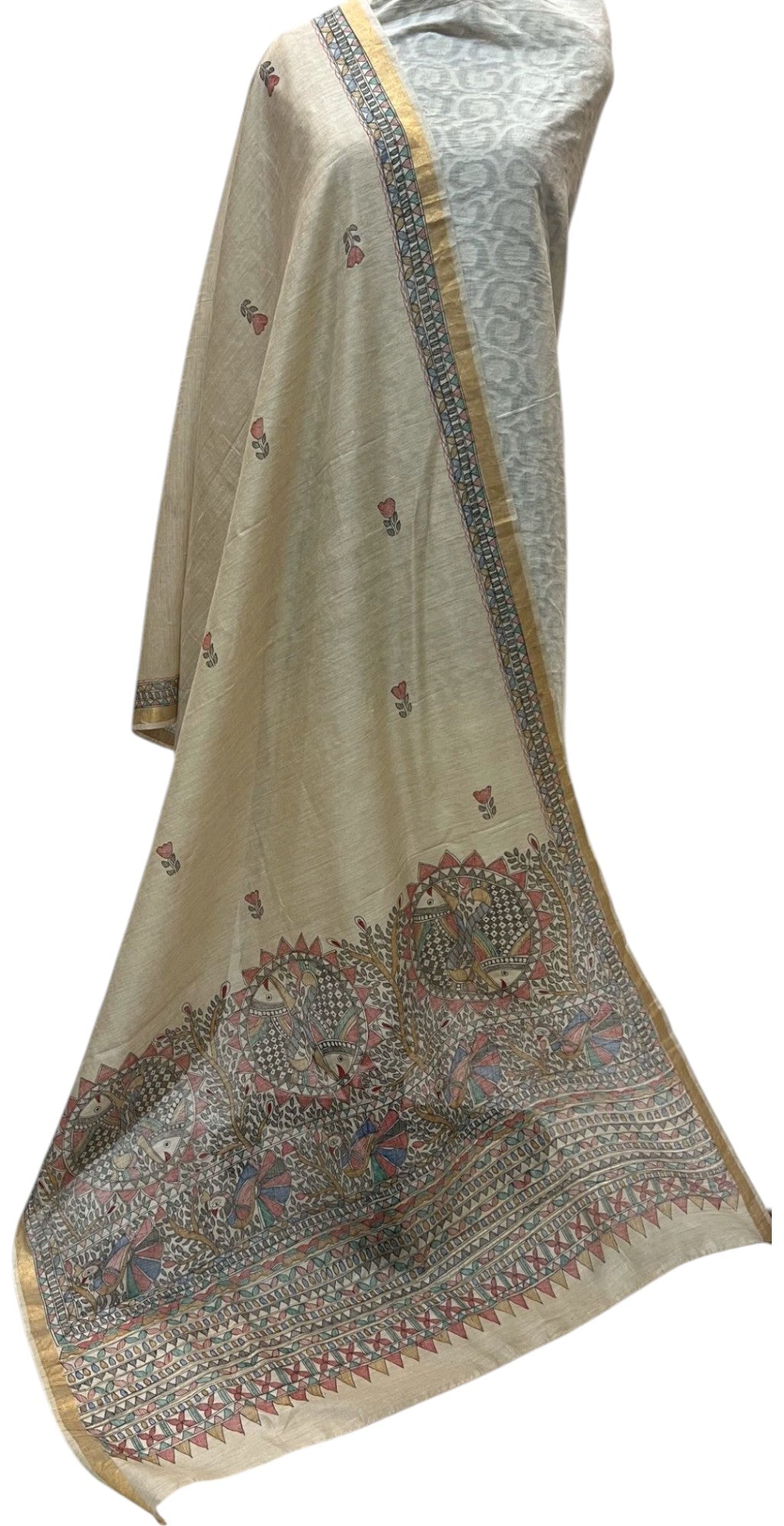 Tussar Munga Silk Dupatta - Hand-Painted Madhubani Fish Motif