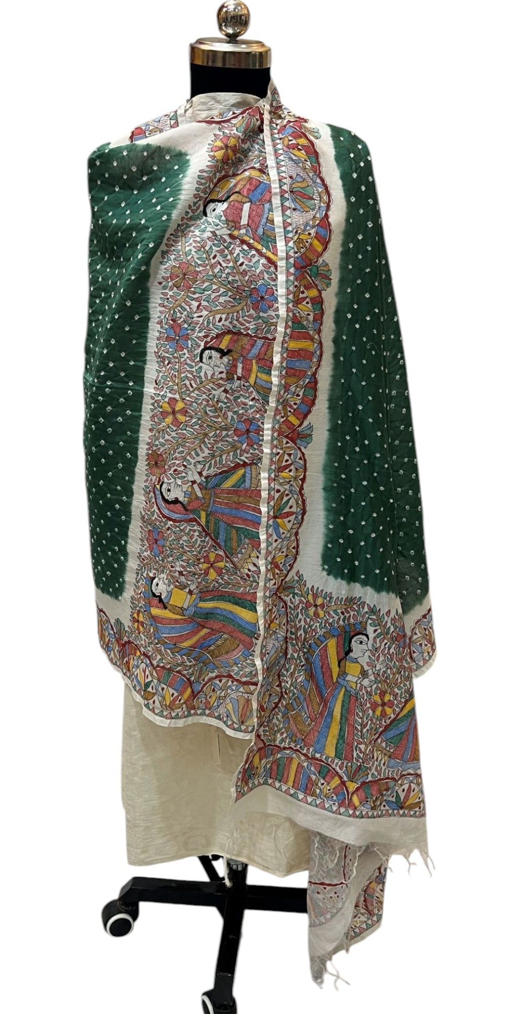 Hand-Painted Madhubani Bandhani Dupatta in Green