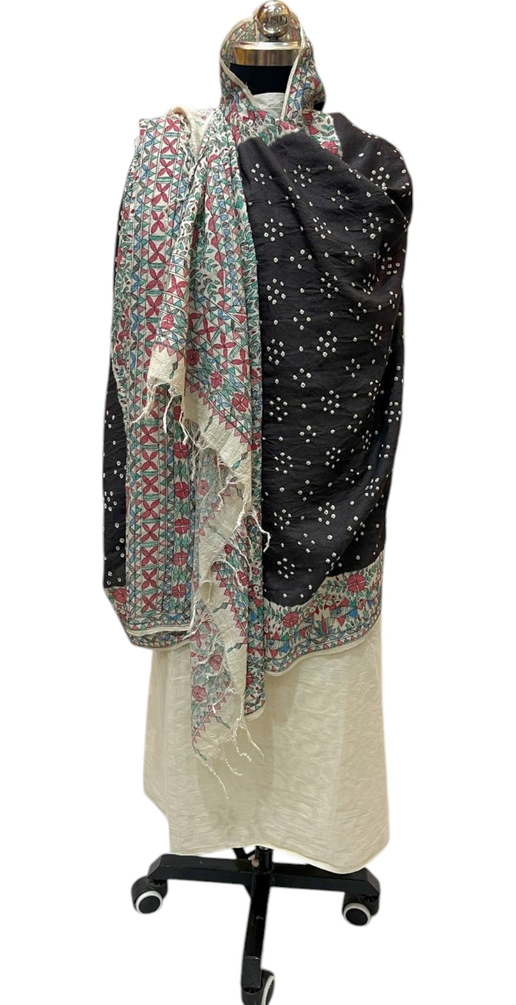 Hand-Painted Madhubani Bandhani Dupatta in Black
