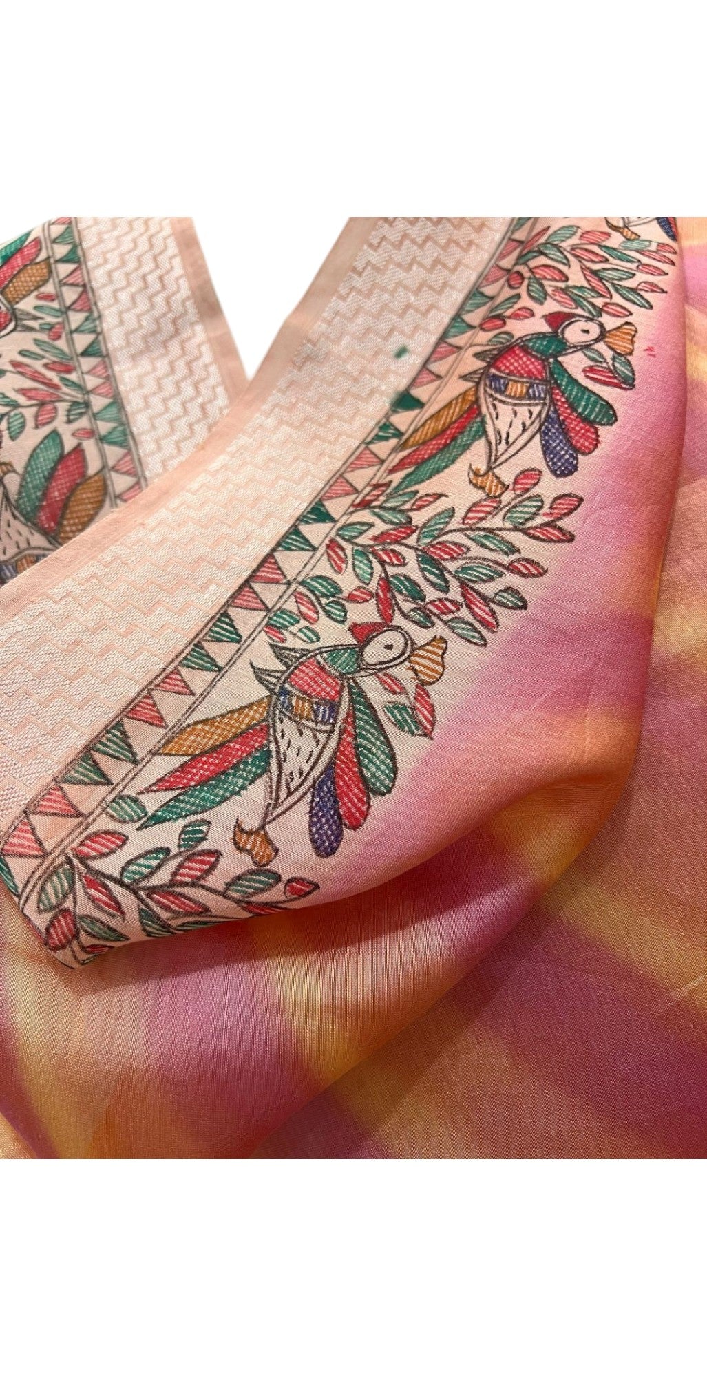 Hand-Painted Chanderi Dupatta- Shaded Pink in Leherya Style