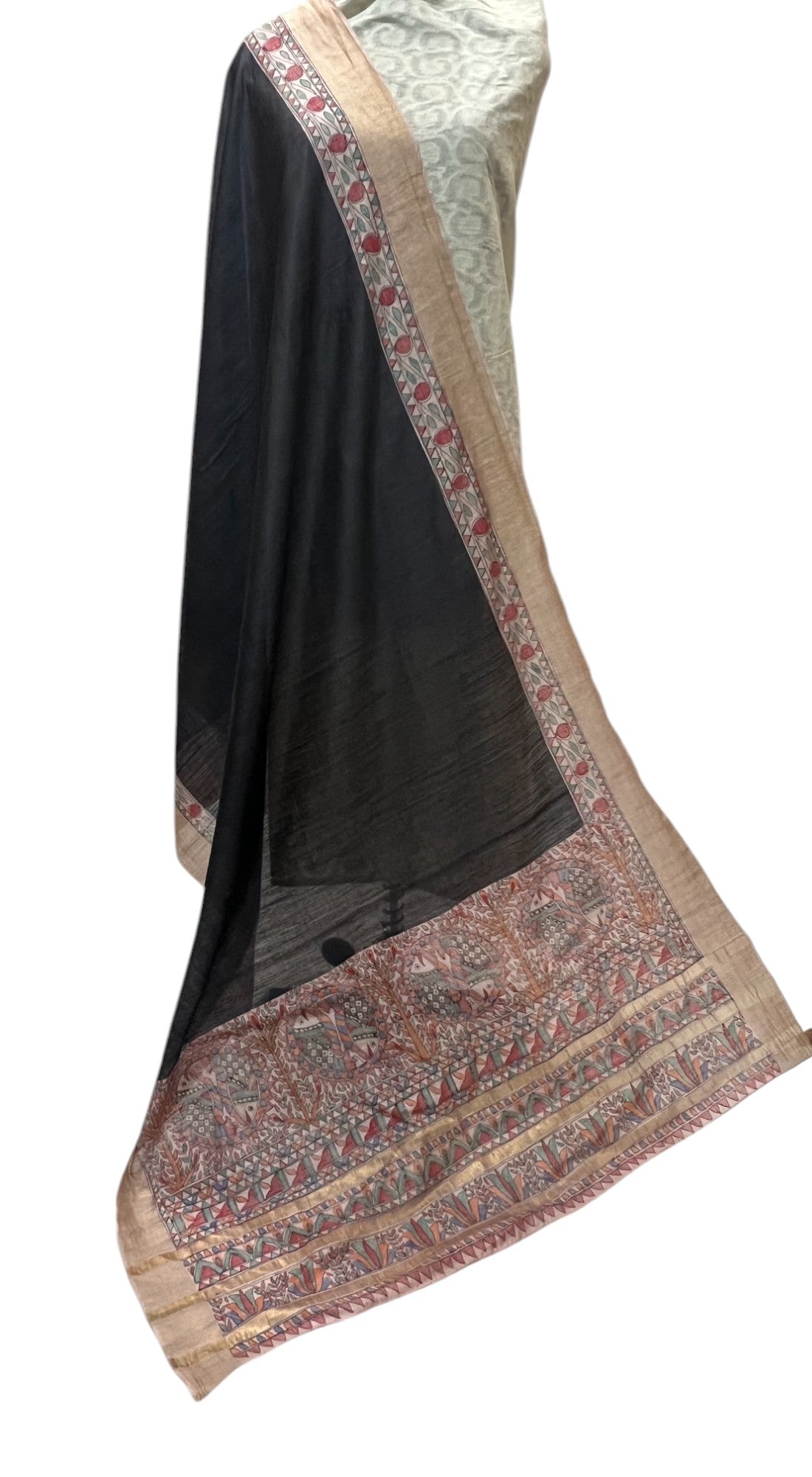 Hand-Painted Tussar Munga Silk Dupatta- Black with Fish Motif