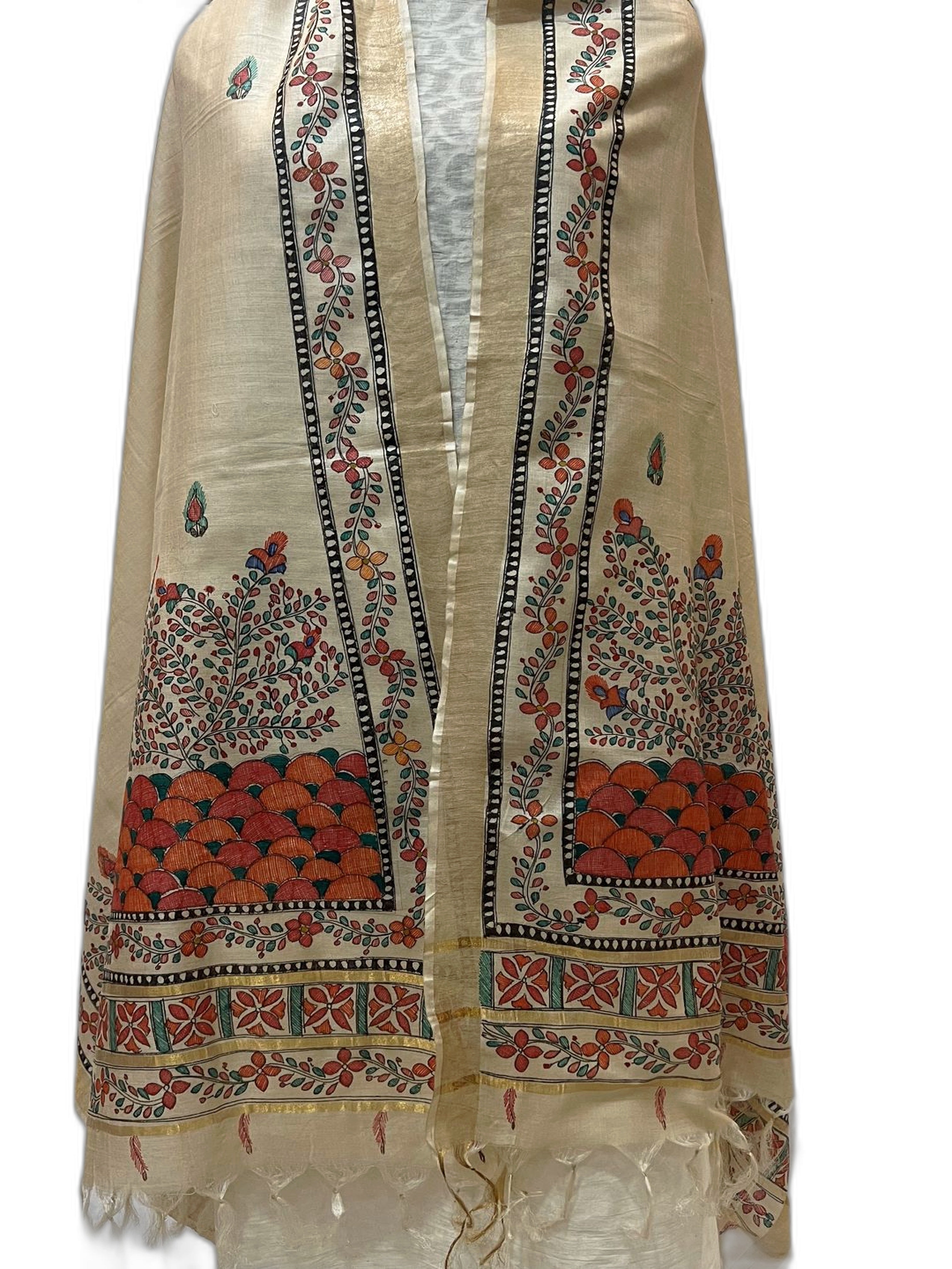 Hand-Painted Tussar Munga Silk Dupatta with Zari Border