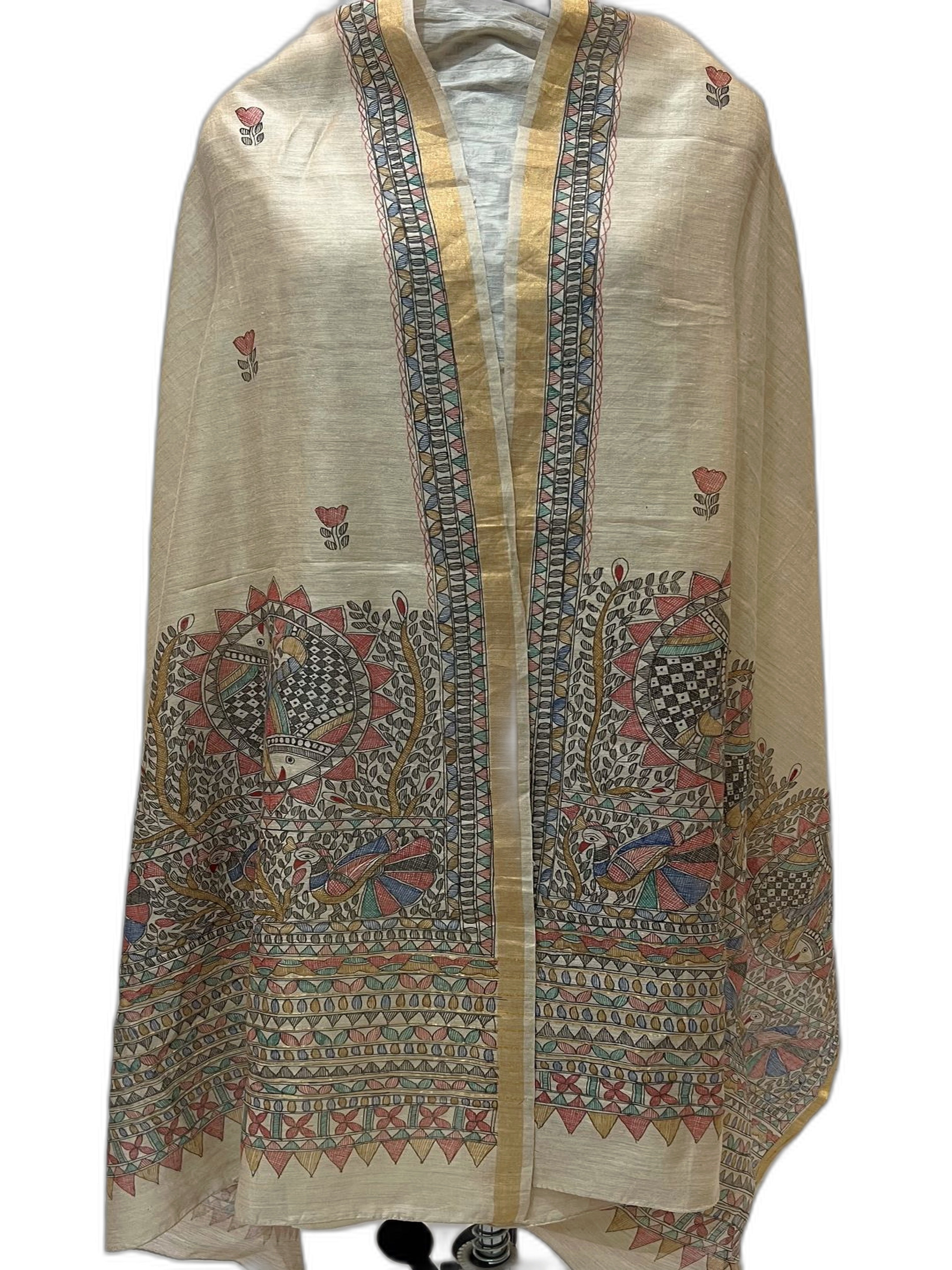 Tussar Munga Silk Dupatta - Hand-Painted Madhubani Fish Motif