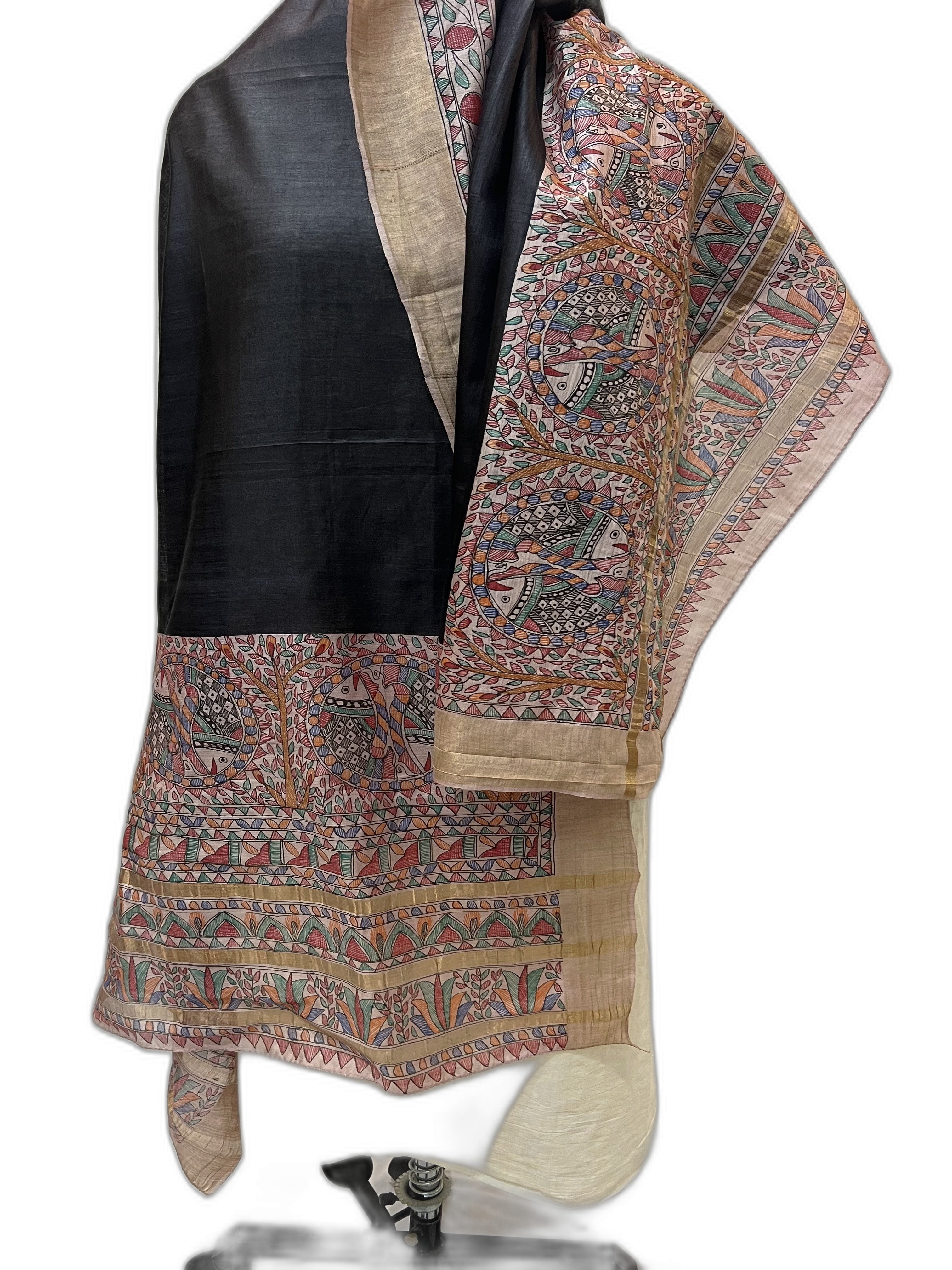 Hand-Painted Tussar Munga Silk Dupatta- Black with Fish Motif