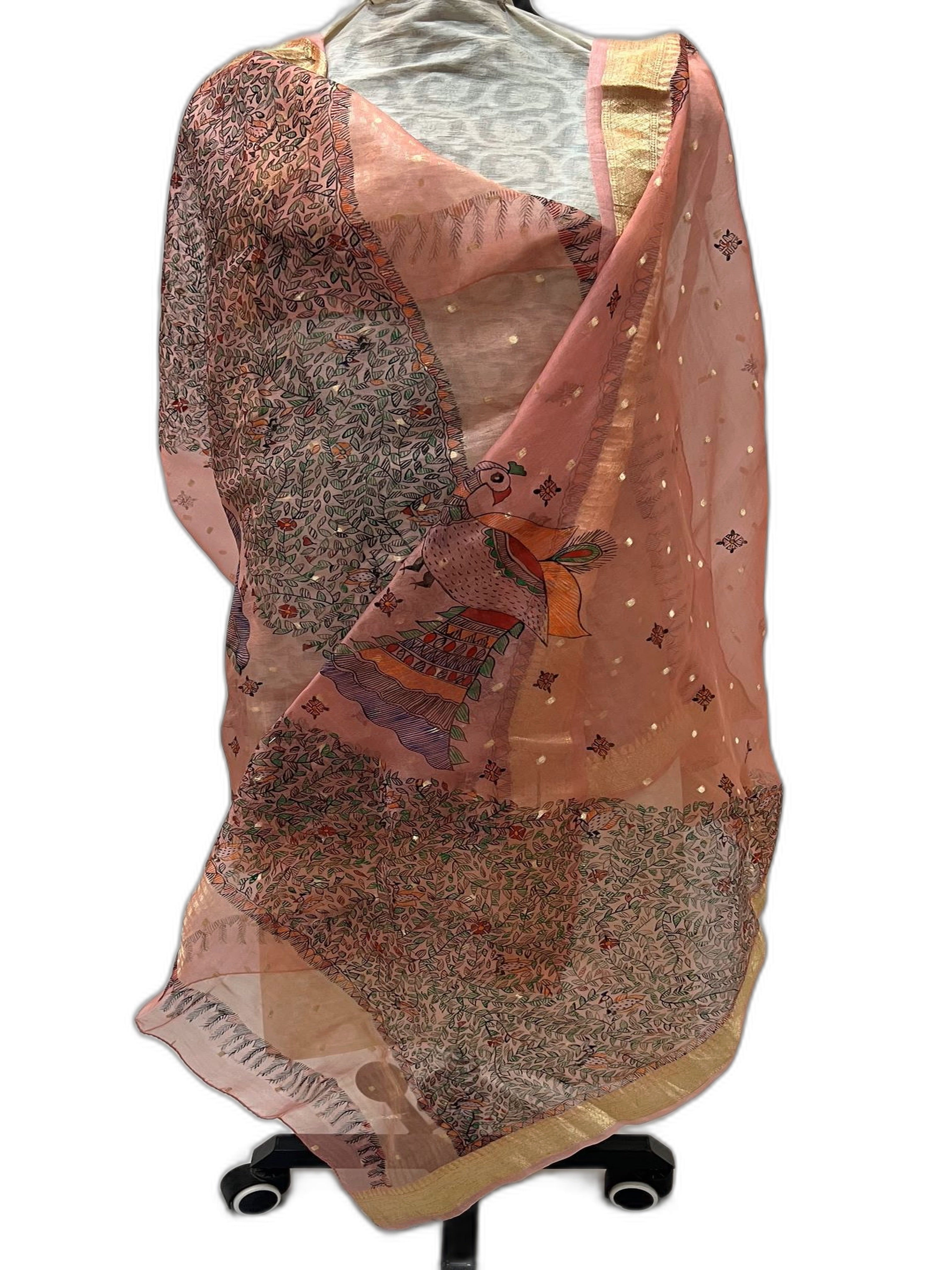 Hand-Painted Pink Organza Dupatta with weaved Zari Border