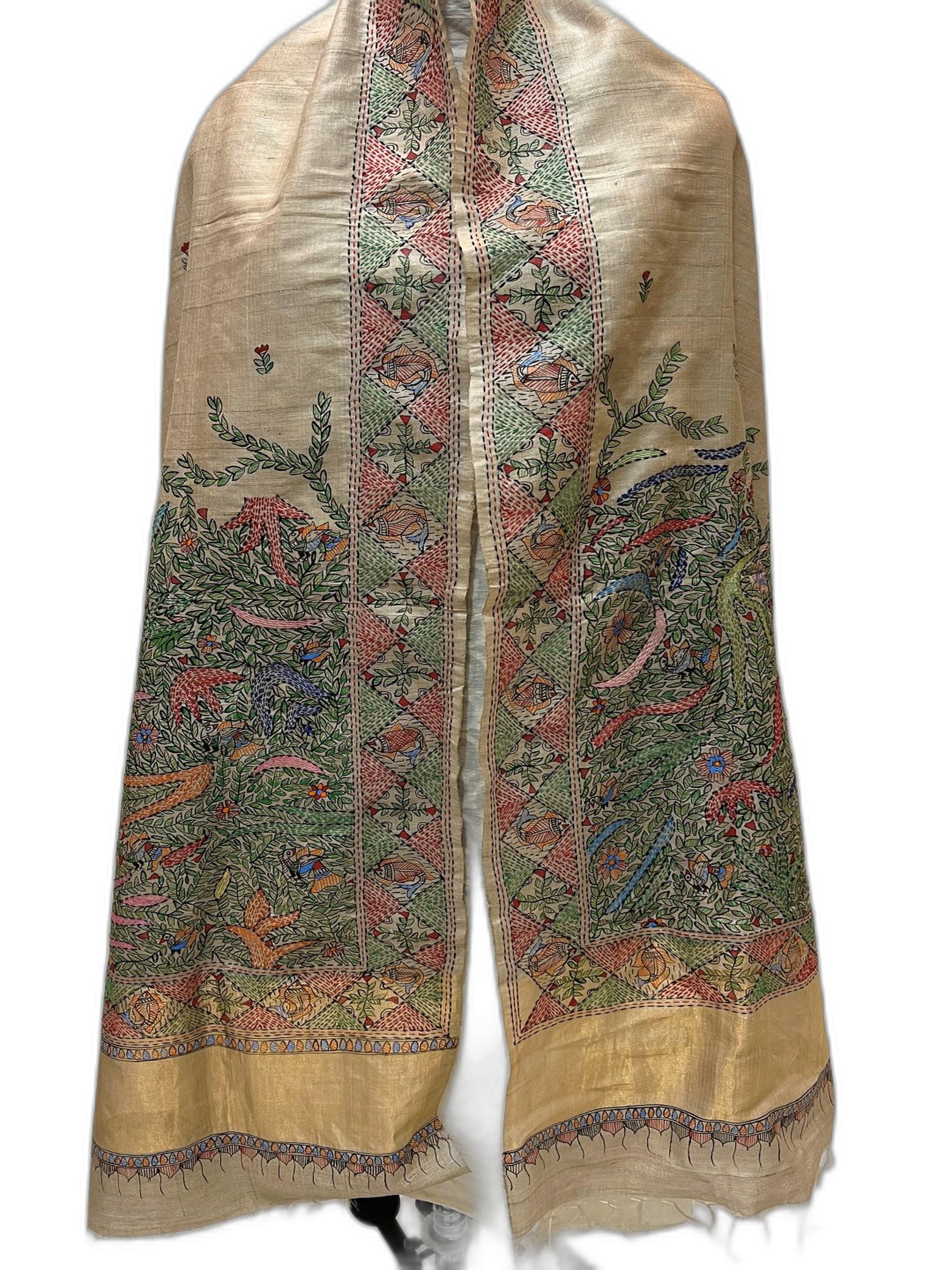 Hand-Woven Desi Tussar Silk Dupatta with Madhubani and Sujani