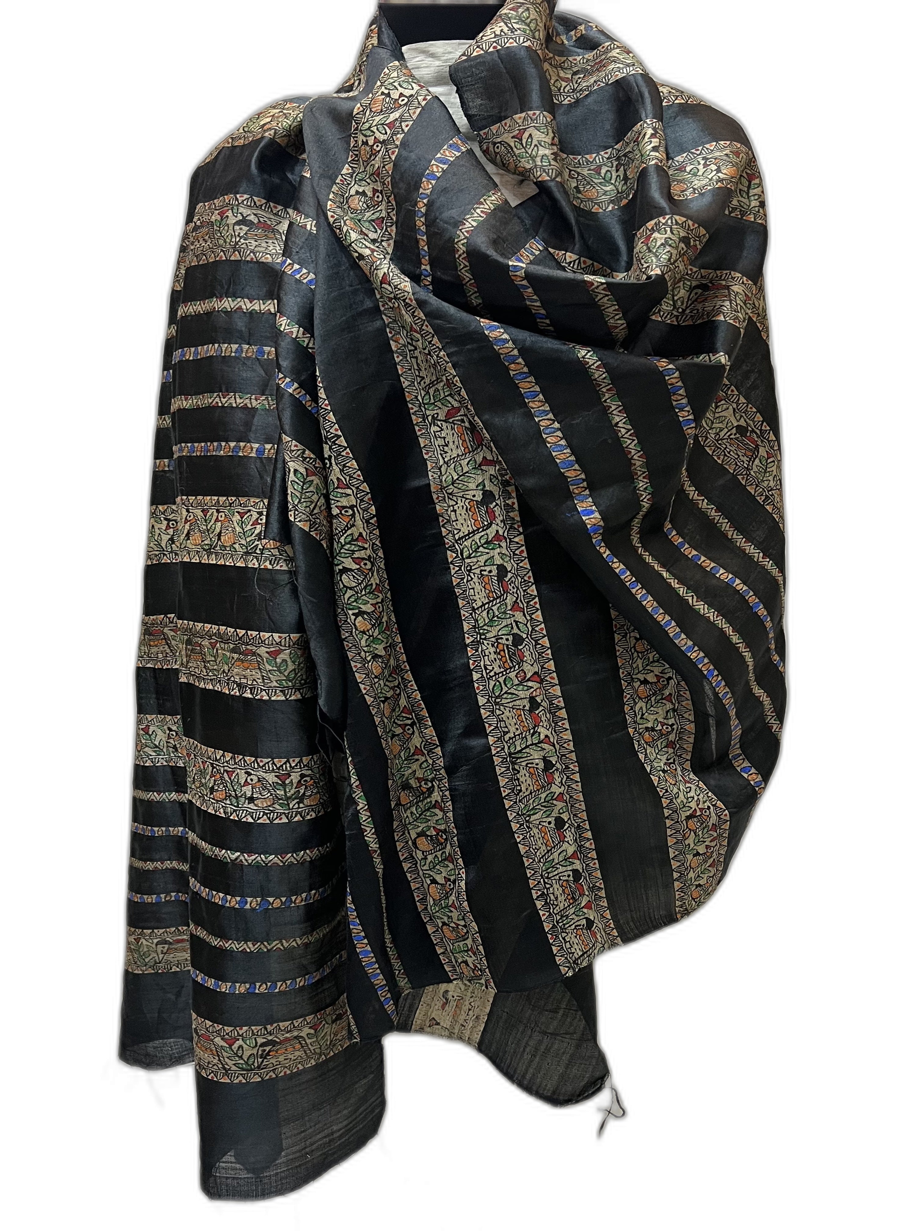 Hand-Painted Dupion Silk Black Dupatta with Ghicha Borders