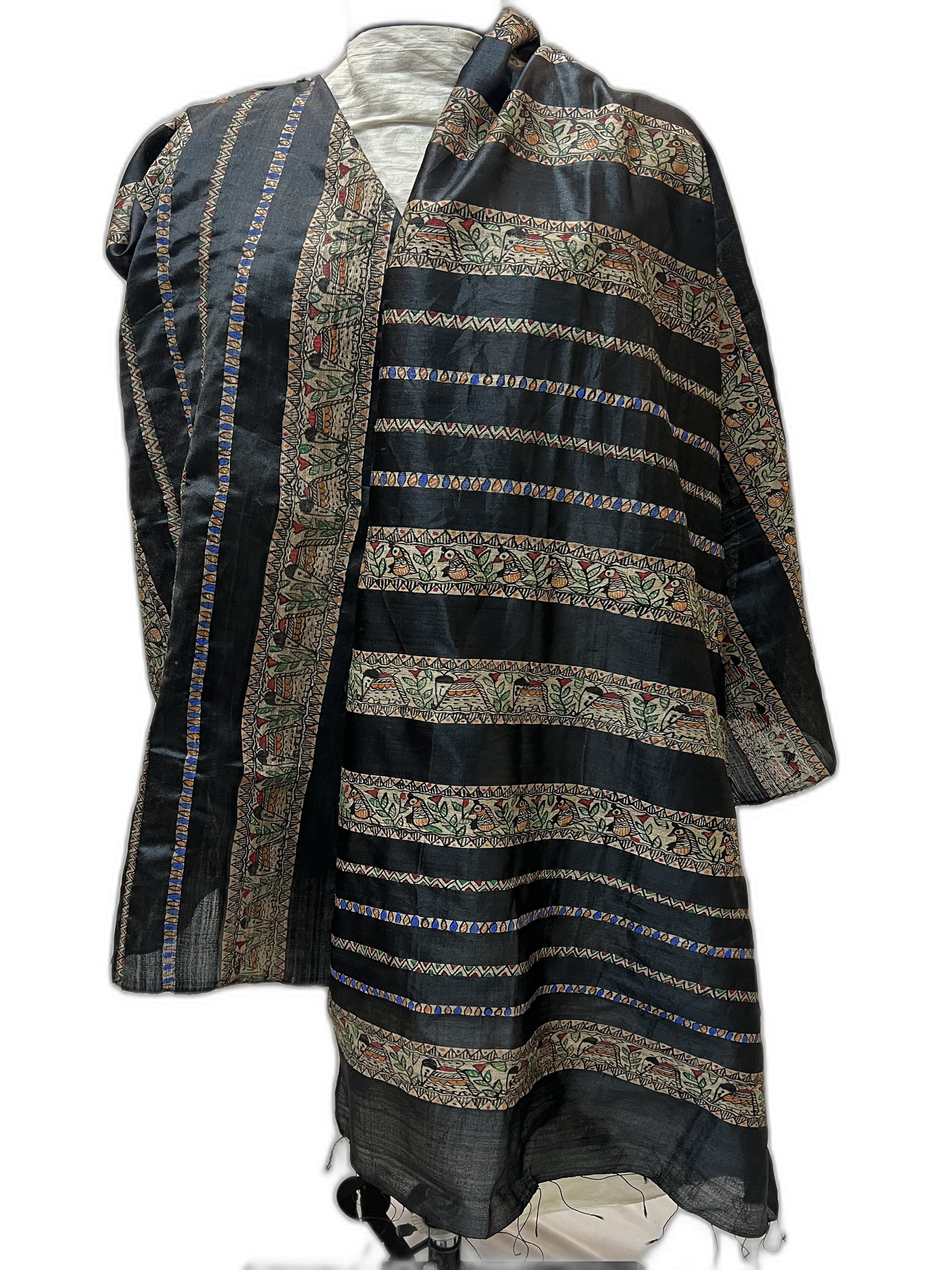 Hand-Painted Dupion Silk Black Dupatta with Ghicha Borders