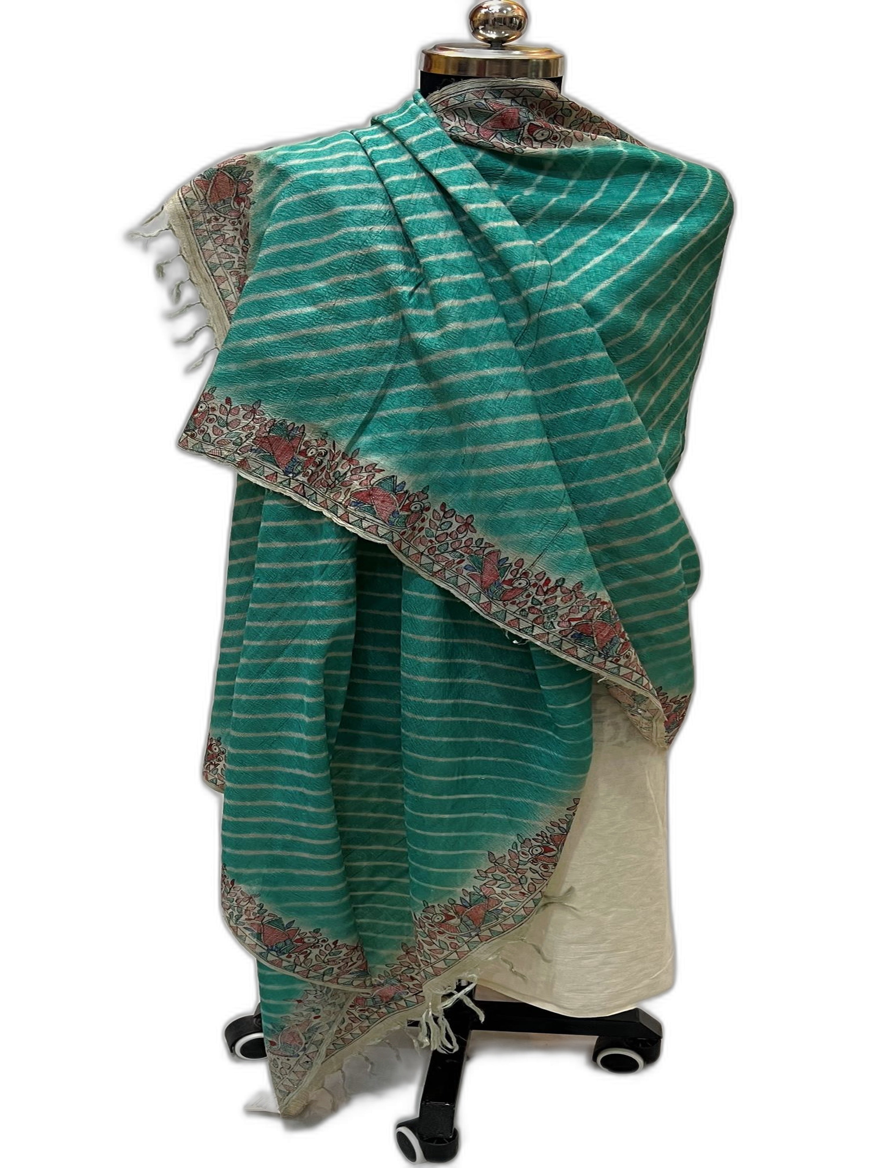 Hand-Woven Desi Tussar Silk Dupatta- Leherya & Hand-Painted Madhubani