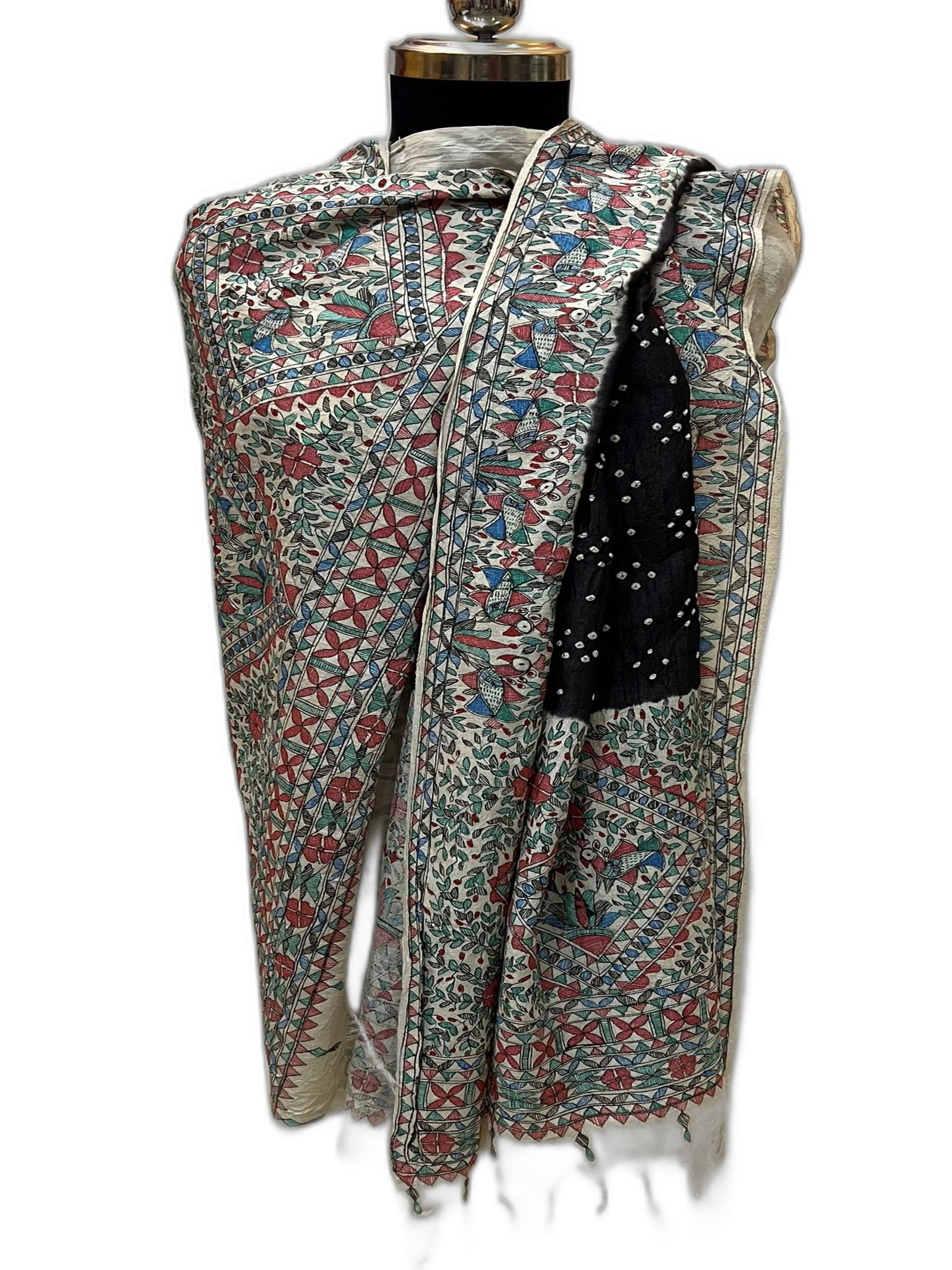 Hand-Painted Madhubani Bandhani Dupatta in Black