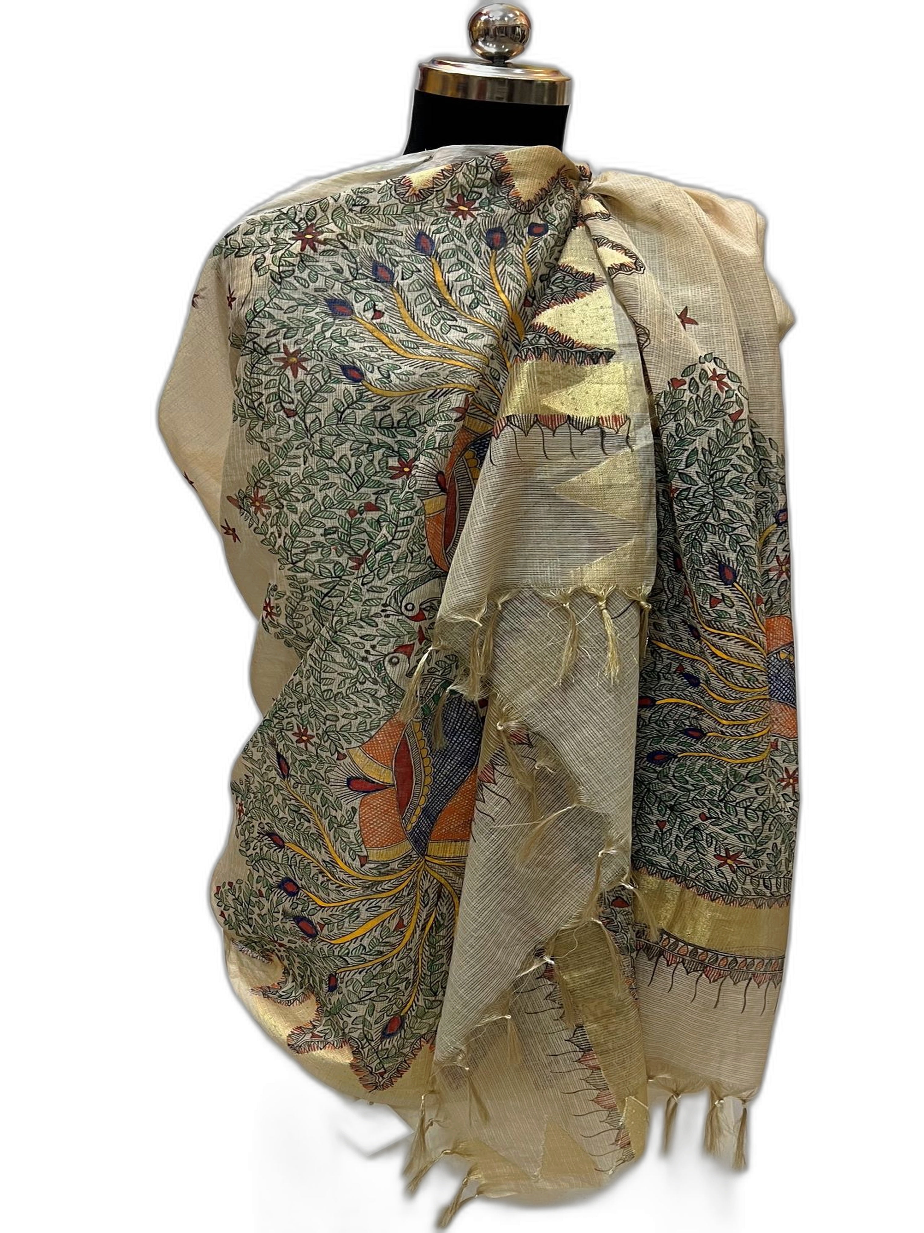 Hand-Painted Tissue Kota Silk Dupatta-  Majestic Mayur Motifs