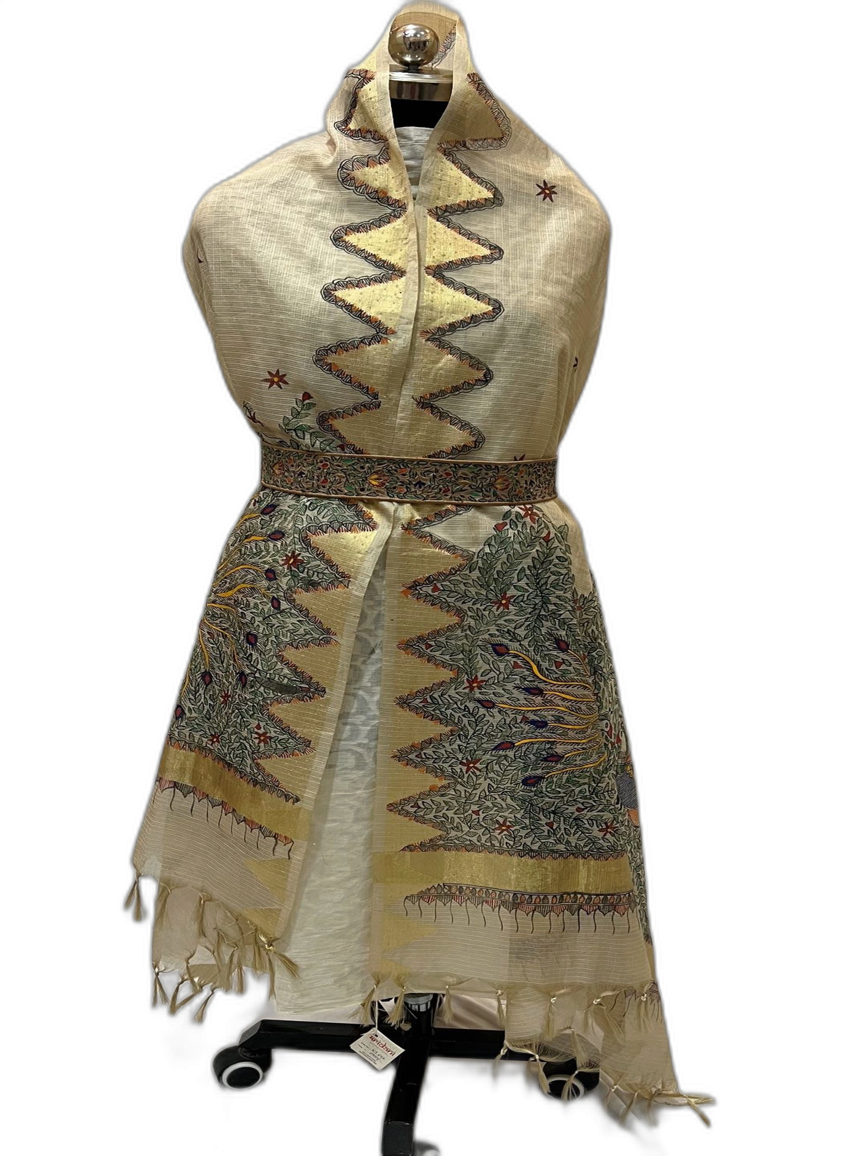 Hand-Painted Tissue Kota Silk Dupatta-  Majestic Mayur Motifs