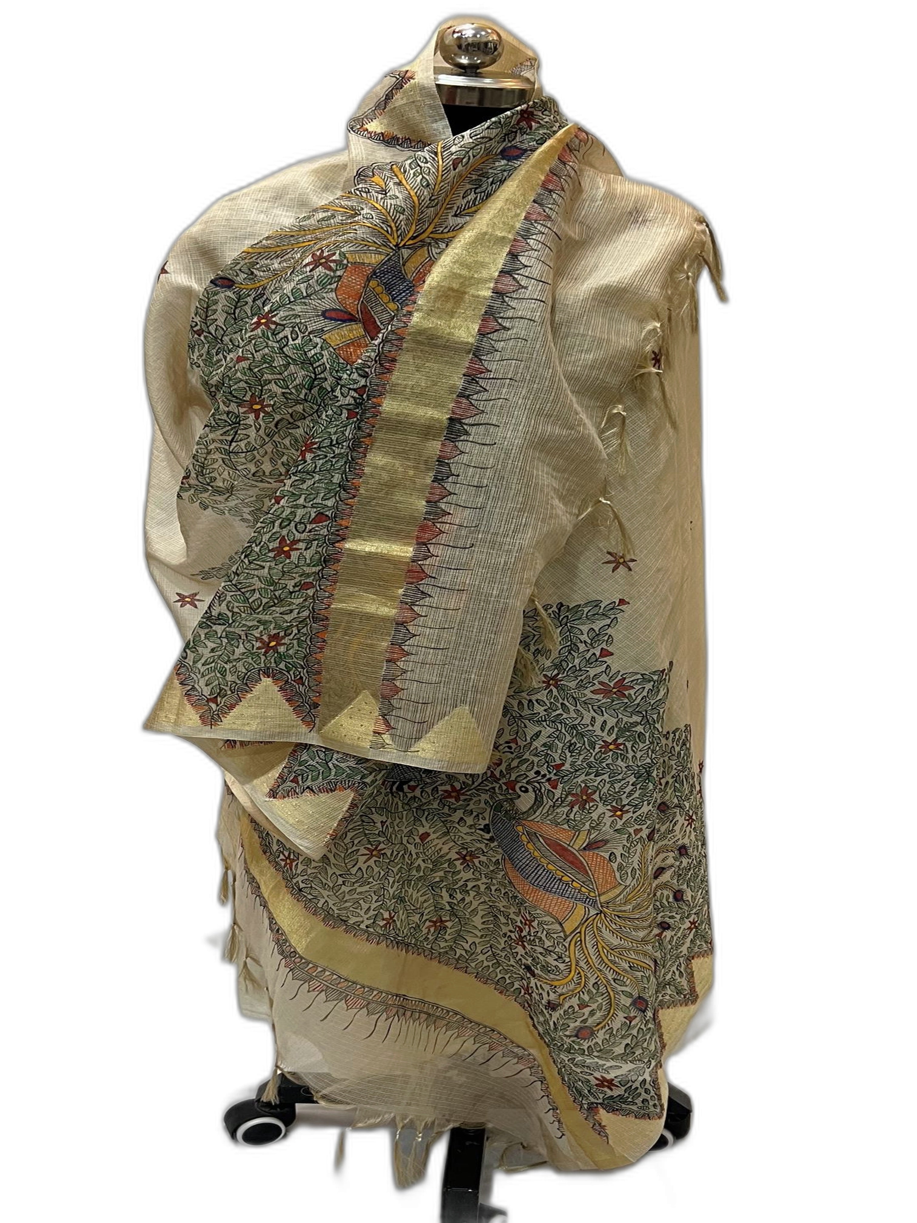 Hand-Painted Tissue Kota Silk Dupatta-  Majestic Mayur Motifs